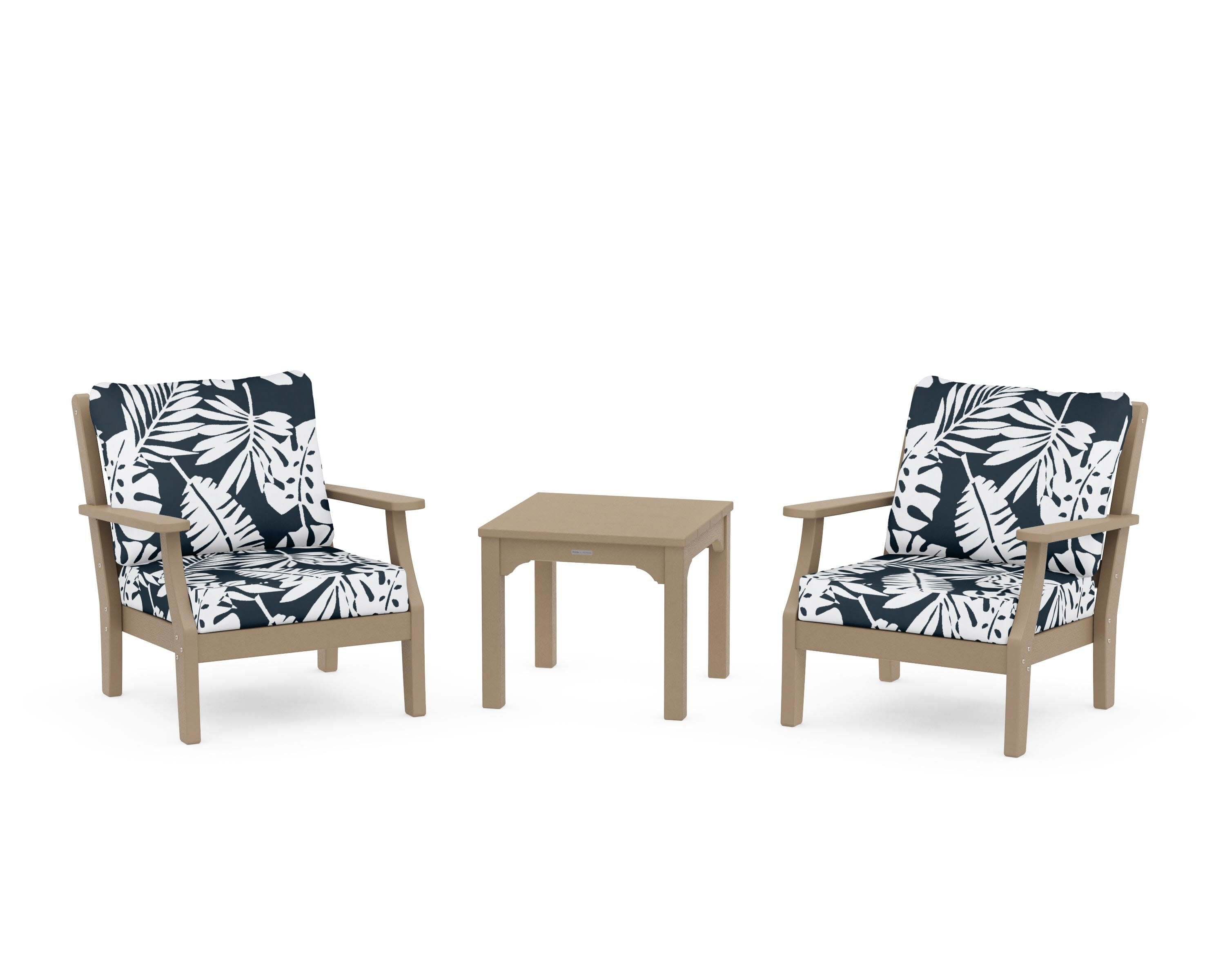 Chinoiserie 3-Piece Deep Seating Set in Vintage Sahara / Leaf Marine Indigo
