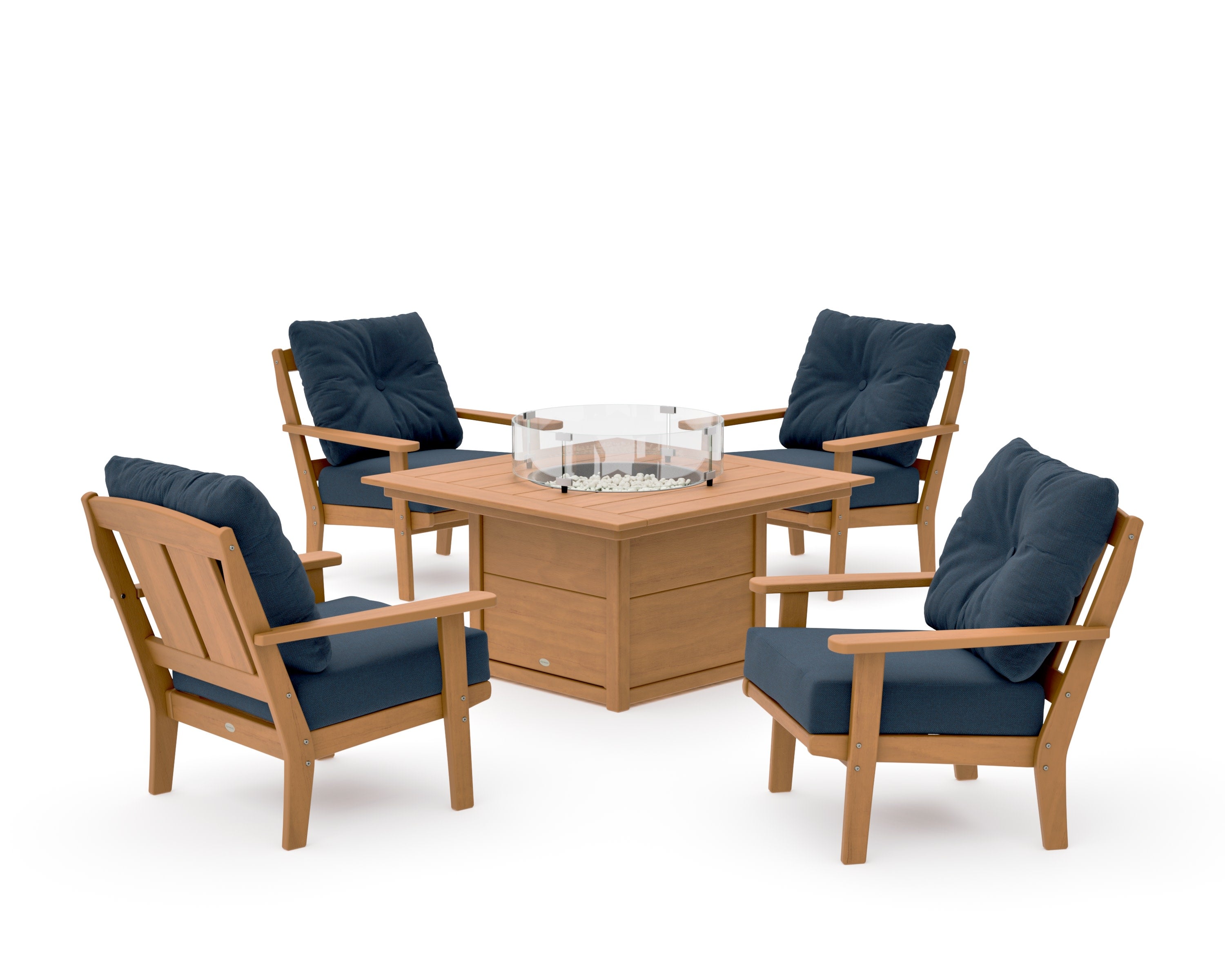Mission 5-Piece Deep Seating Set with Fire Pit Table in Natural / Marine Indigo