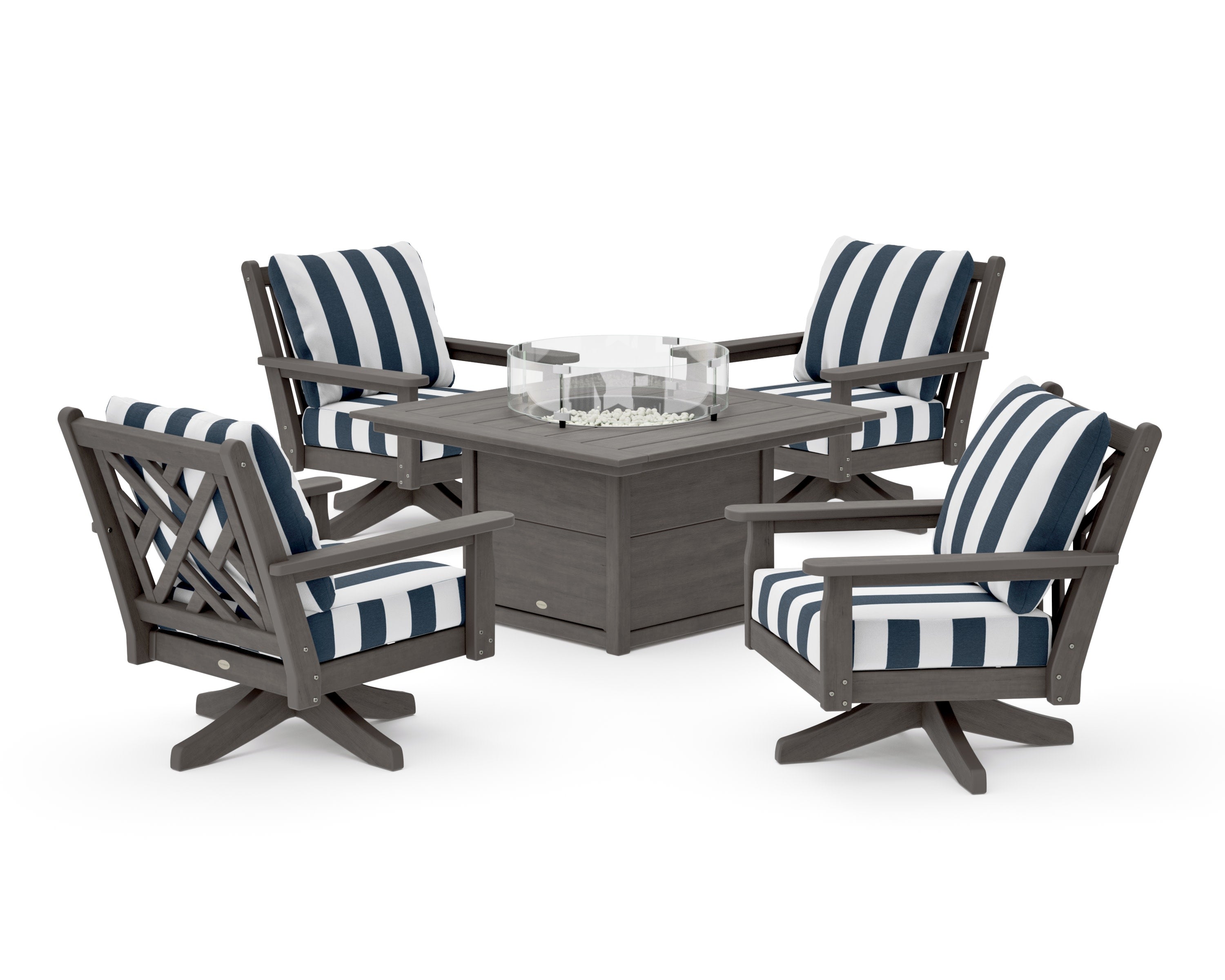 Chippendale 5-Piece Deep Seating Swivel Conversation Set with Fire Pit Table in Driftwood / Cabana Stripe Marine Indigo
