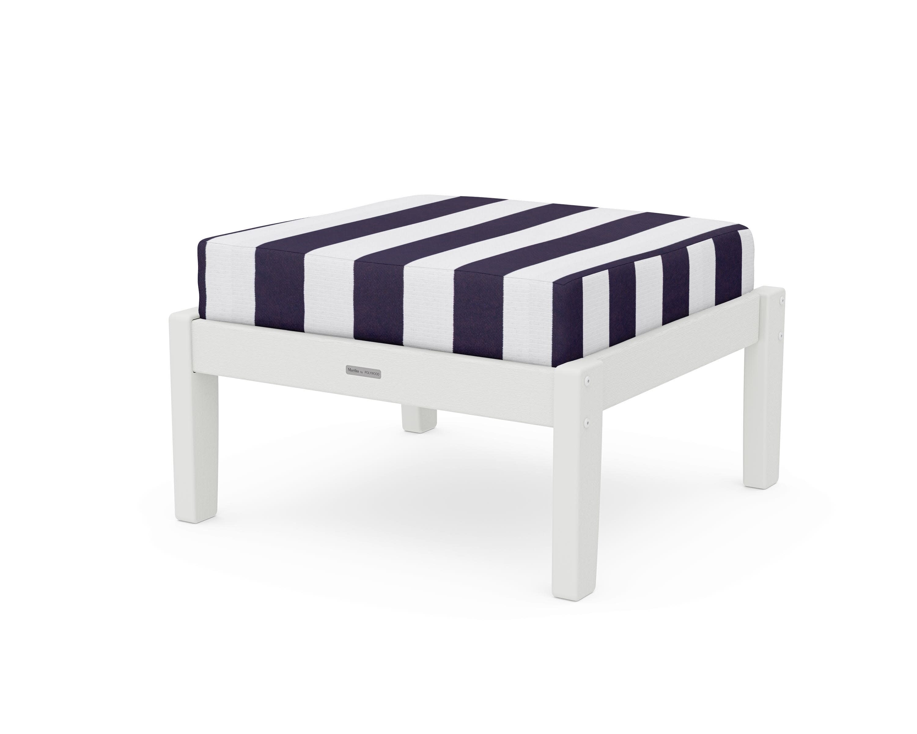 Chinoiserie Deep Seating Ottoman in Vintage White / Cabana Stripe Navy