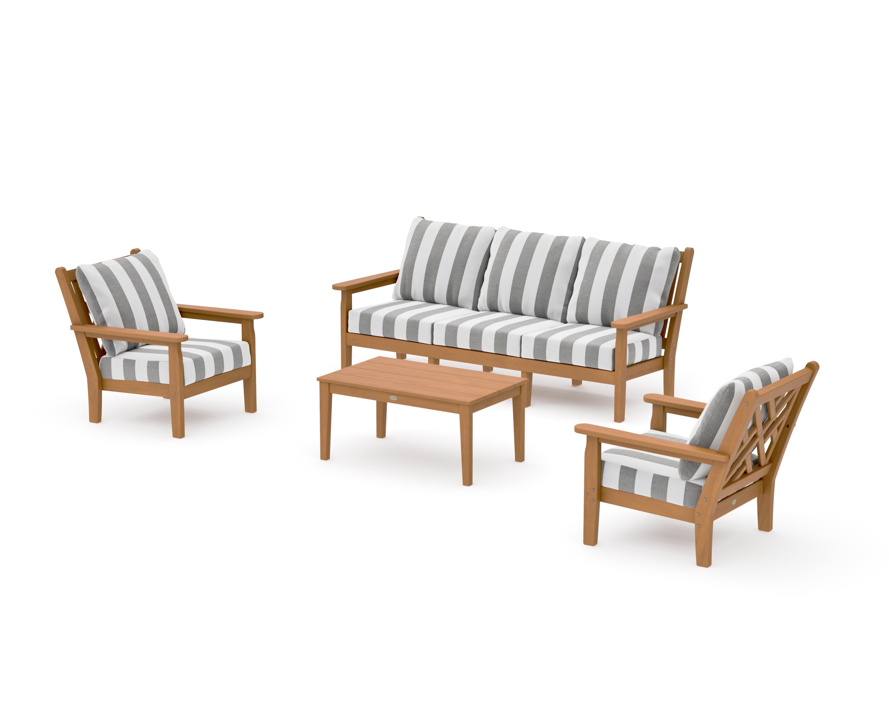 Chippendale 4-Piece Deep Seating Set with Sofa in Natural / Cabana Stripe Grey Mist