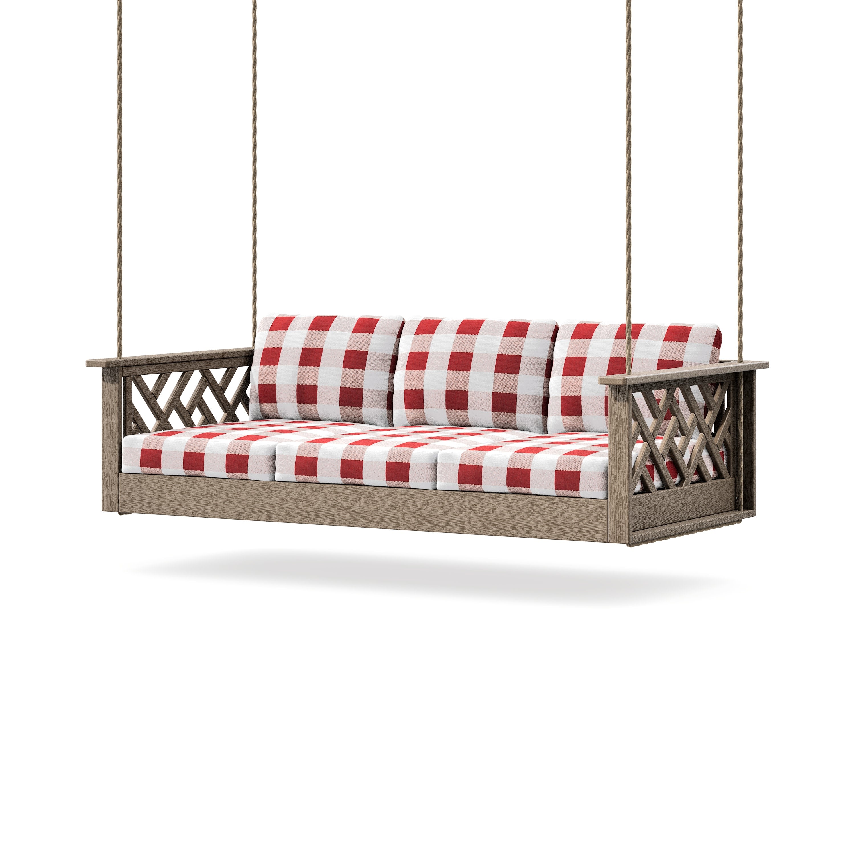 Chippendale Daybed Swing in Vintage Sahara / Buffalo Plaid Crimson