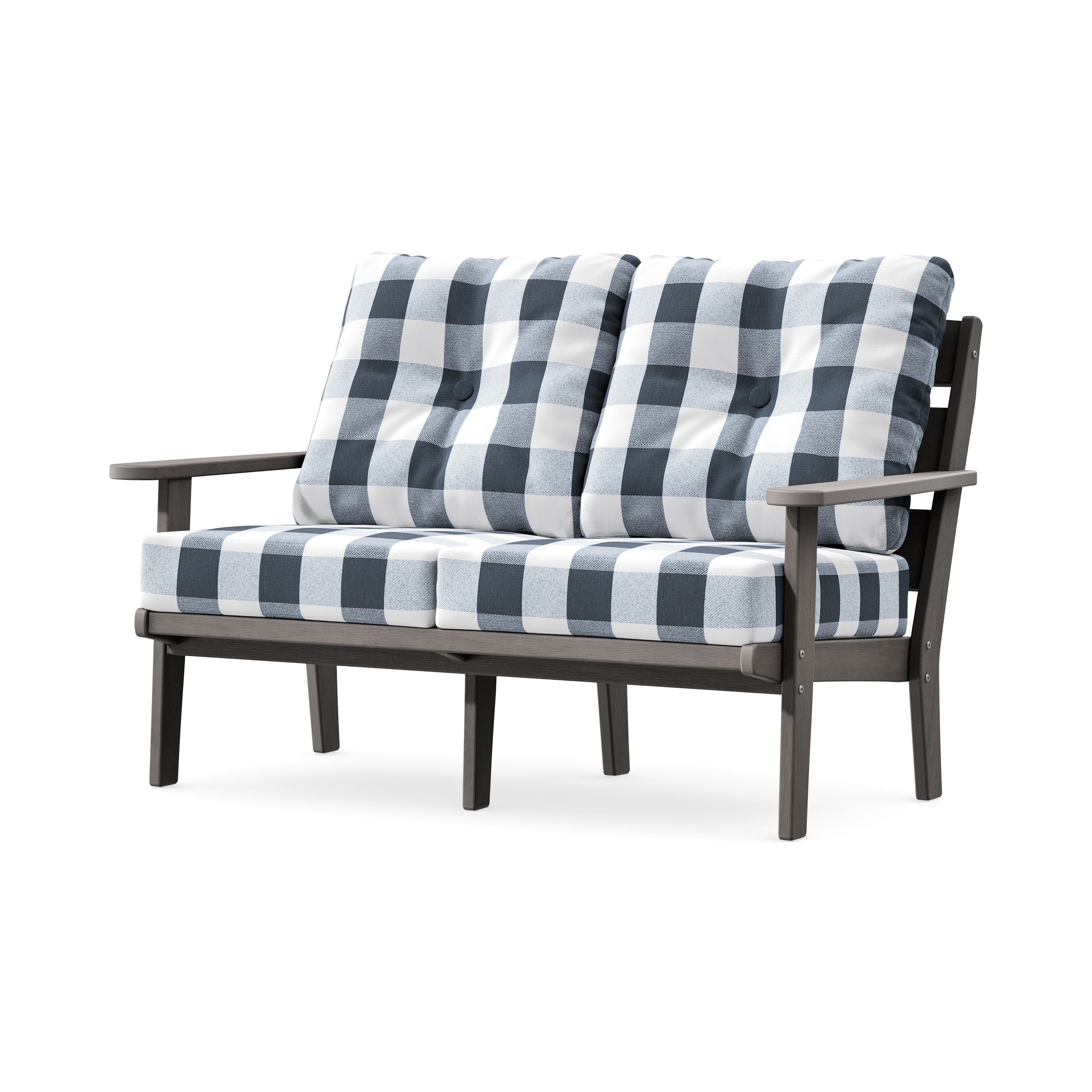 Lakeside Deep Seating Loveseat in Driftwood / Buffalo Plaid Marine Indigo