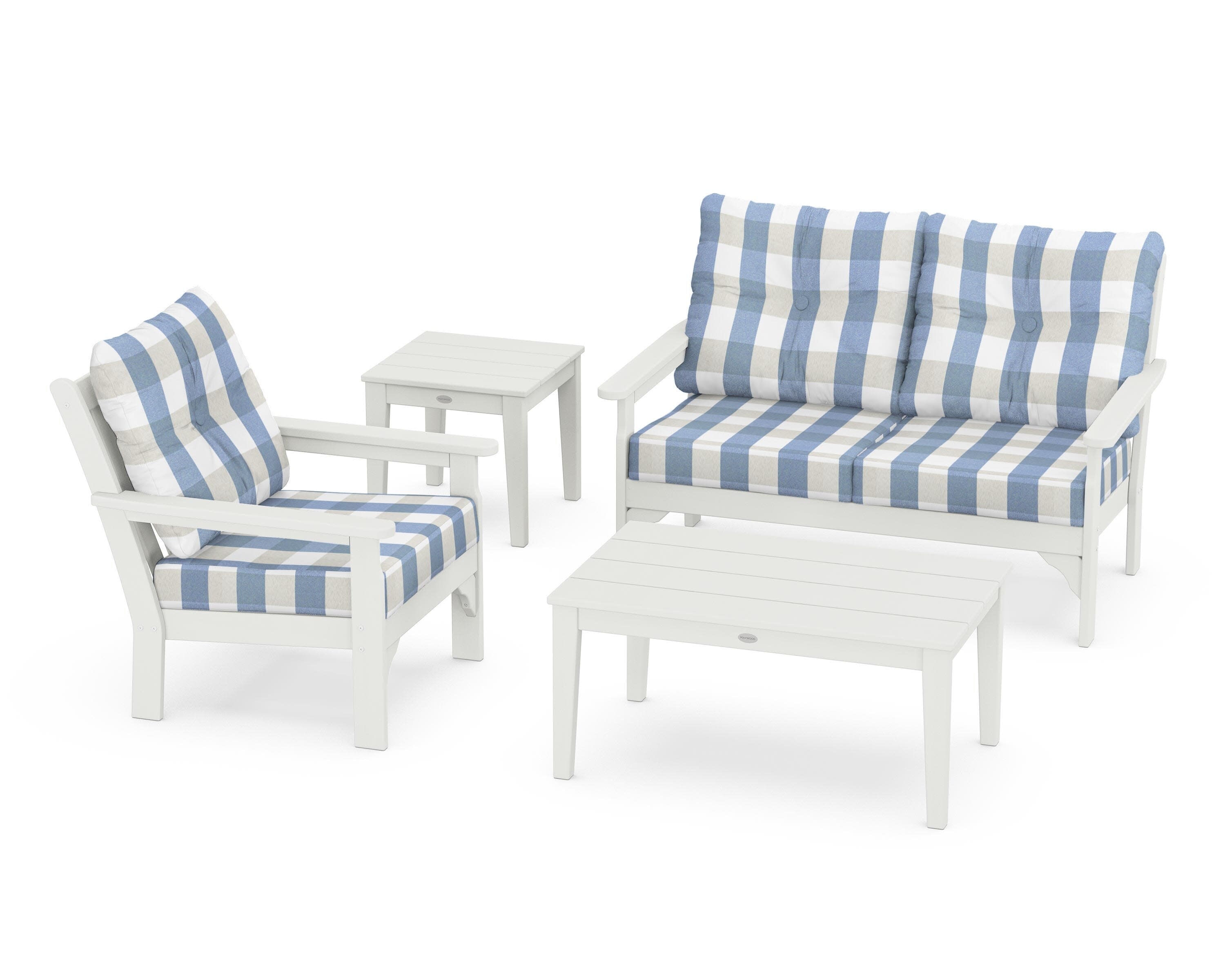 Vineyard 4-Piece Deep Seating Set in Vintage White / Buffalo Plaid Sky Blue