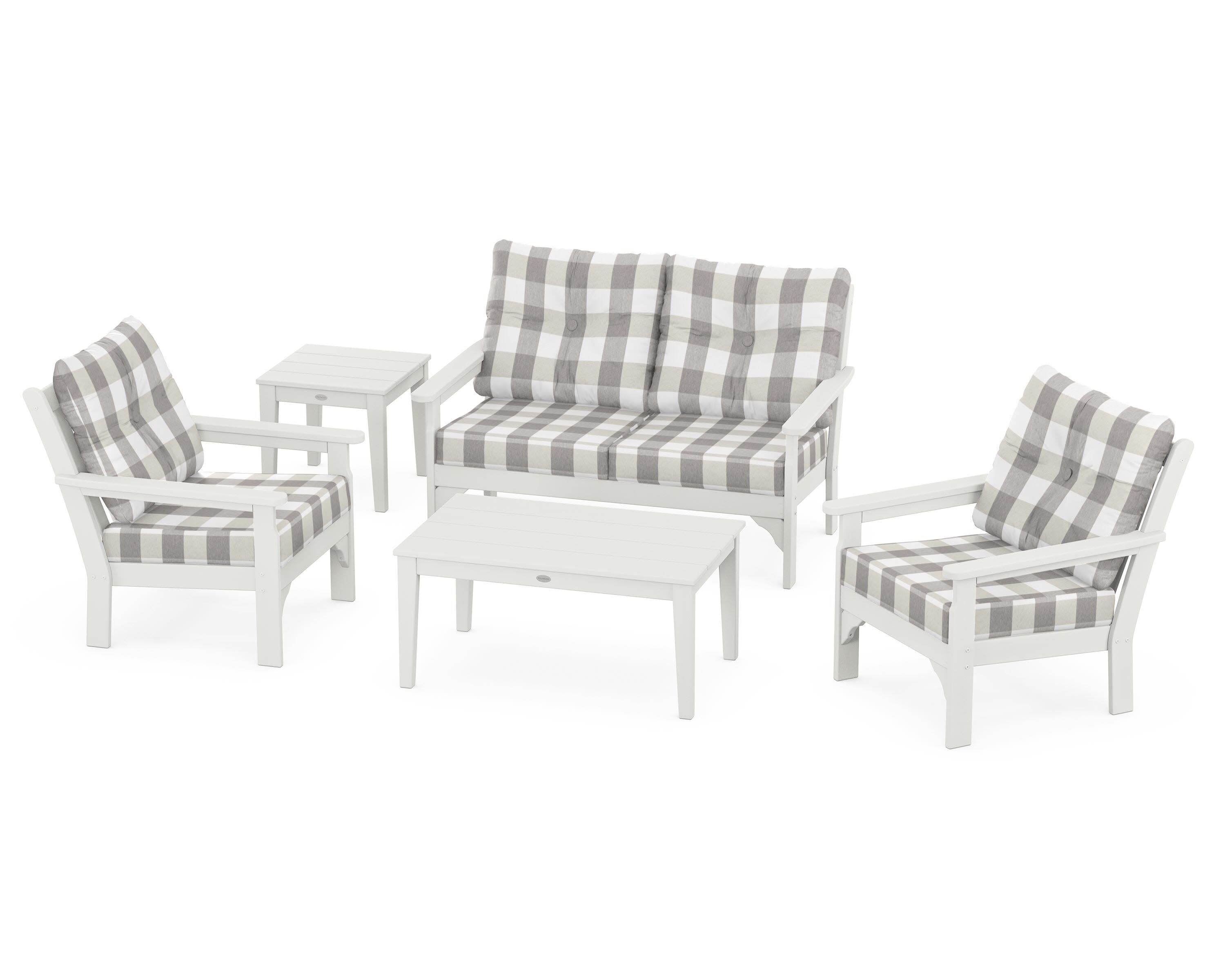 Vineyard 5-Piece Deep Seating Set in Vintage White / Buffalo Plaid Grey Mist