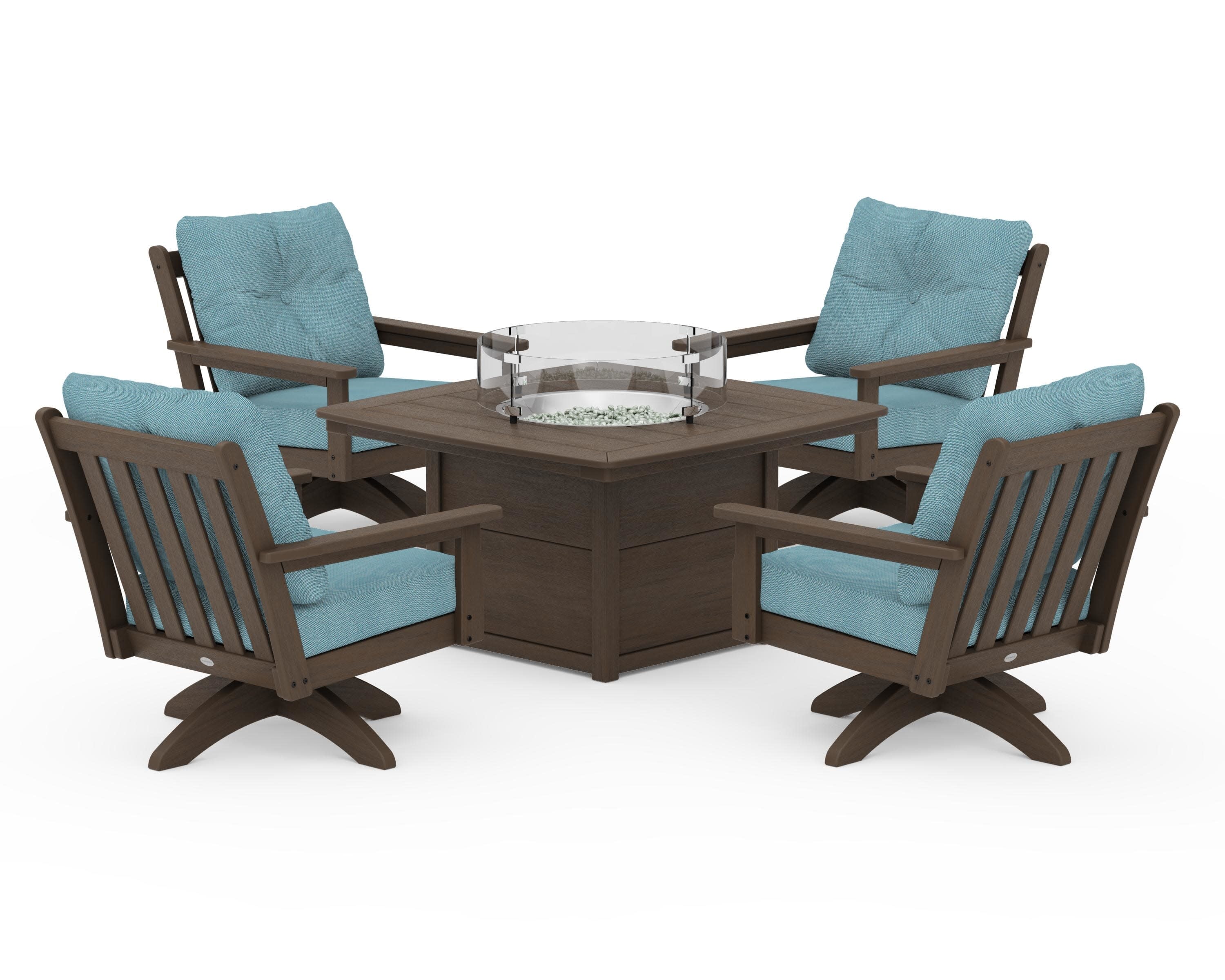 Vineyard 5-Piece Deep Seating Swivel Conversation Set with Fire Pit Table in Kona / Lattice Sky Blue