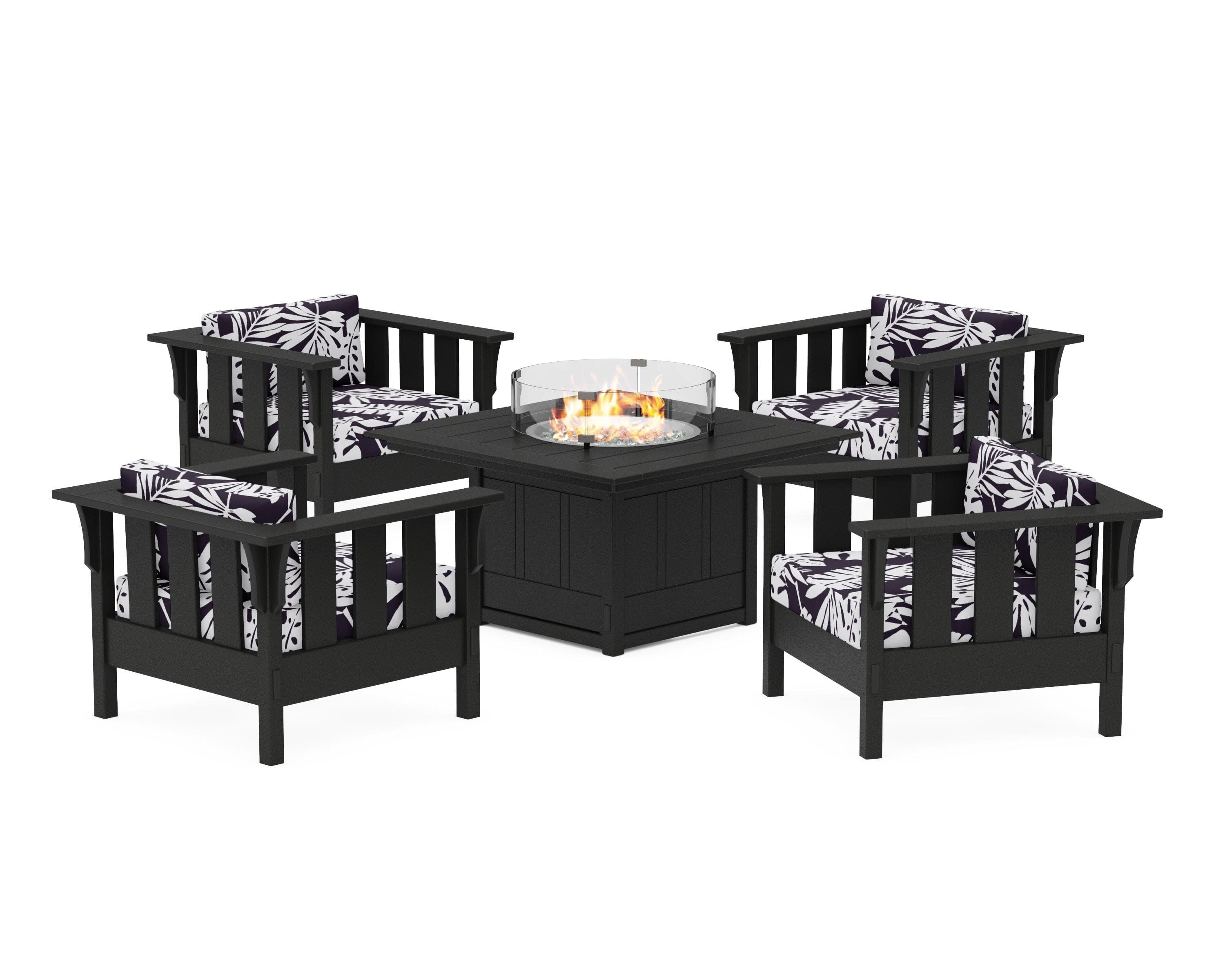 Acadia 5-Piece Deep Seating Set with Fire Pit Table in Black / Leaf Navy