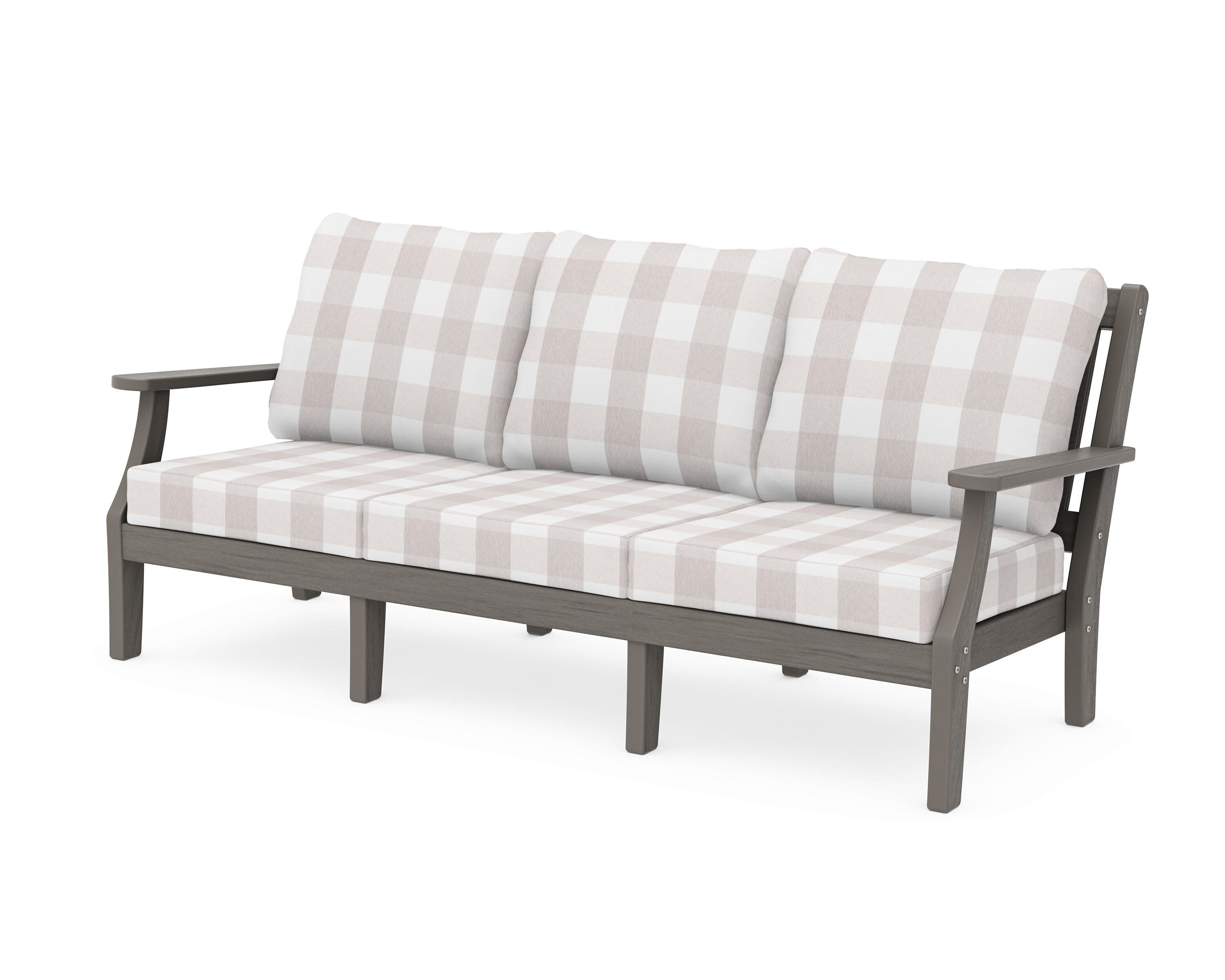Chinoiserie Deep Seating Sofa in Driftwood / Buffalo Plaid Dune Burlap