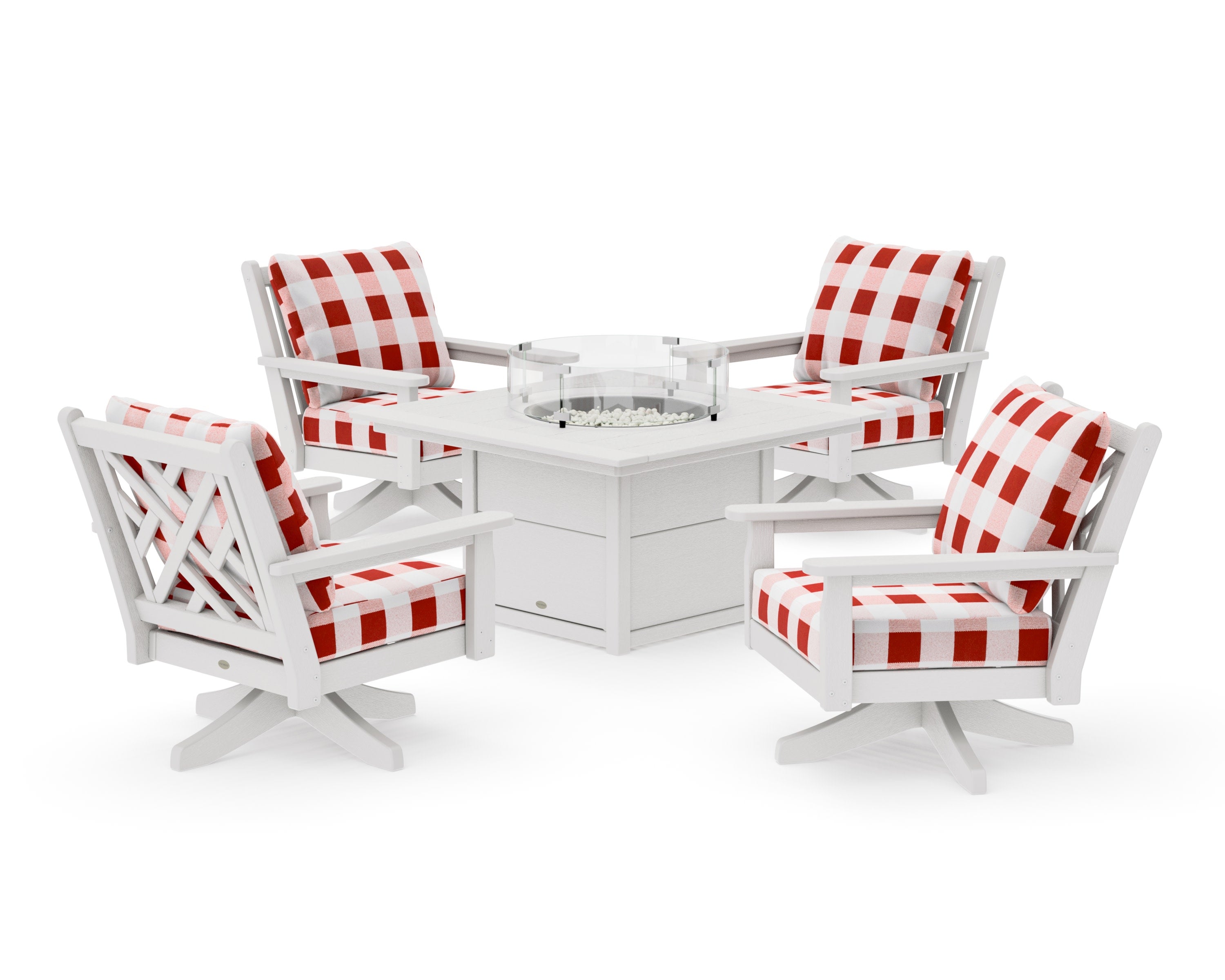 Chippendale 5-Piece Deep Seating Swivel Conversation Set with Fire Pit Table in Vintage White / Buffalo Plaid Crimson