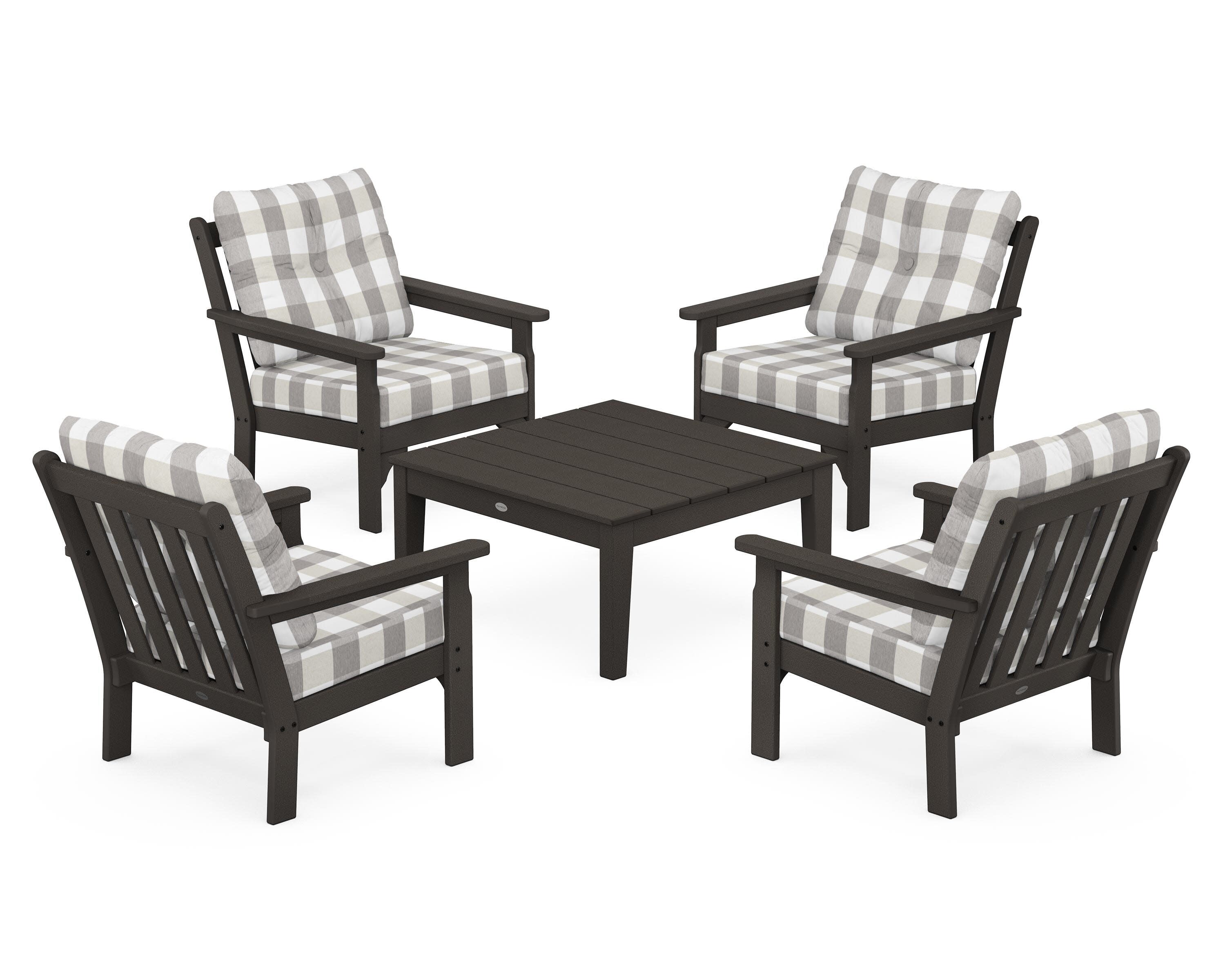 Vineyard 5-Piece Deep Seating Conversation Set in Vintage Coffee / Buffalo Plaid Grey Mist