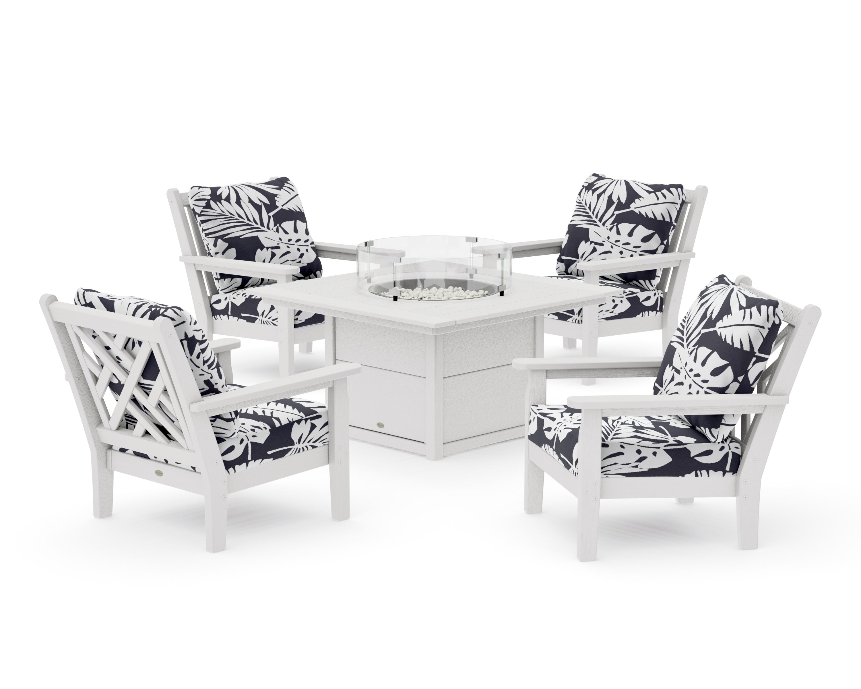 Chippendale 5-Piece Deep Seating Set with Fire Pit Table in Vintage White / Leaf Navy