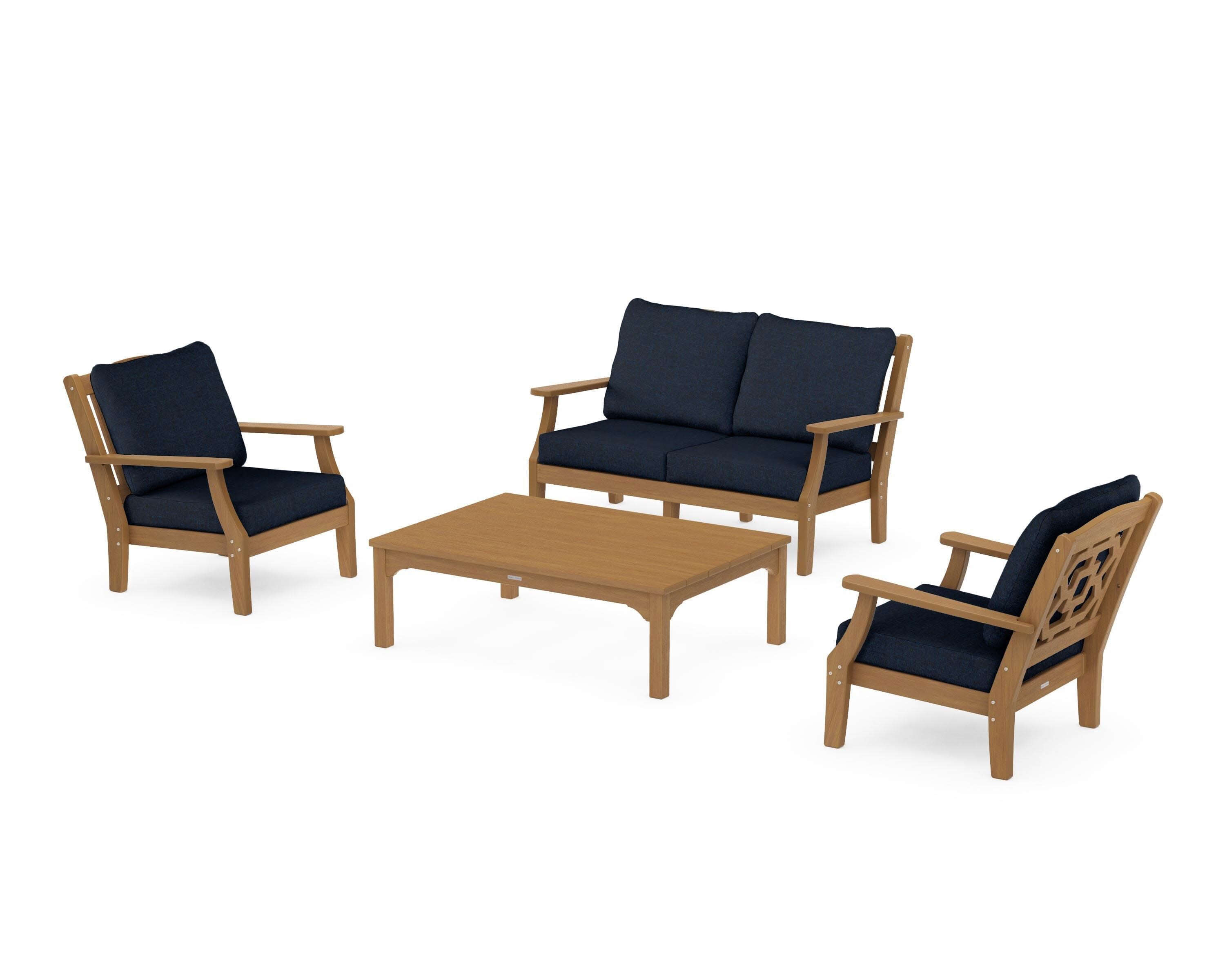 Chinoiserie 4-Piece Deep Seating Set with Loveseat in Natural / Marine Indigo