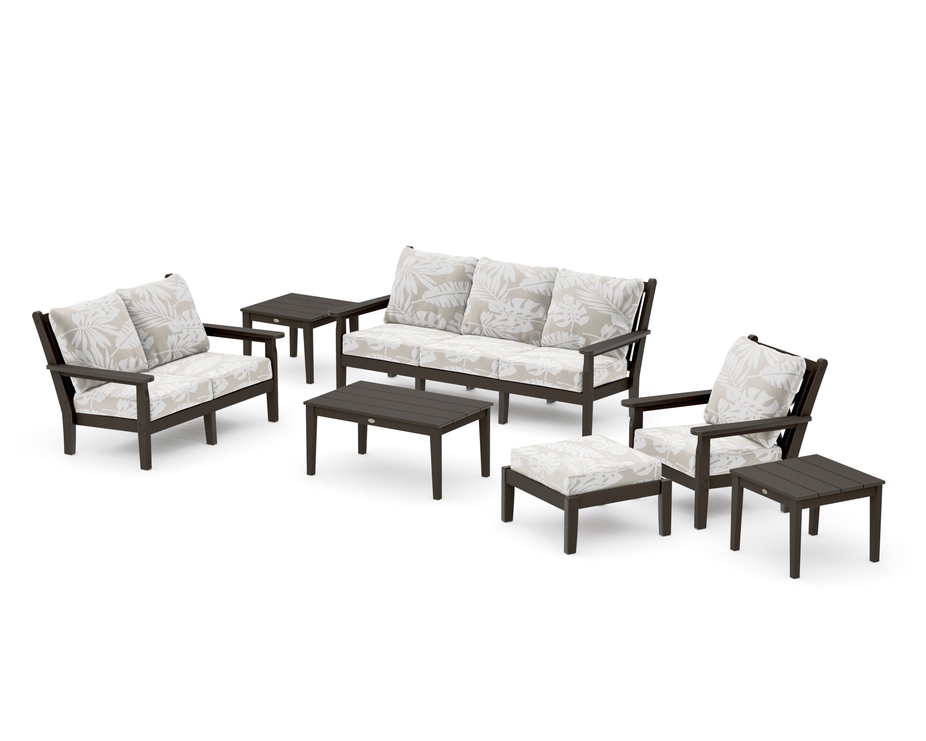 Chippendale 7-Piece Deep Seating Set in Vintage Coffee / Leaf Dune Burlap