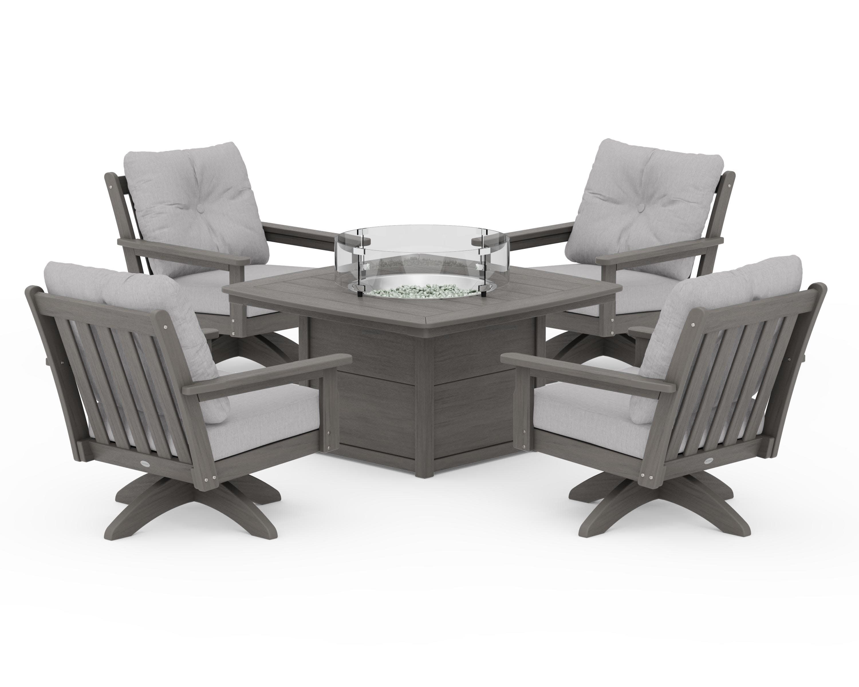 Vineyard 5-Piece Deep Seating Swivel Conversation Set with Fire Pit Table in Driftwood / Granite