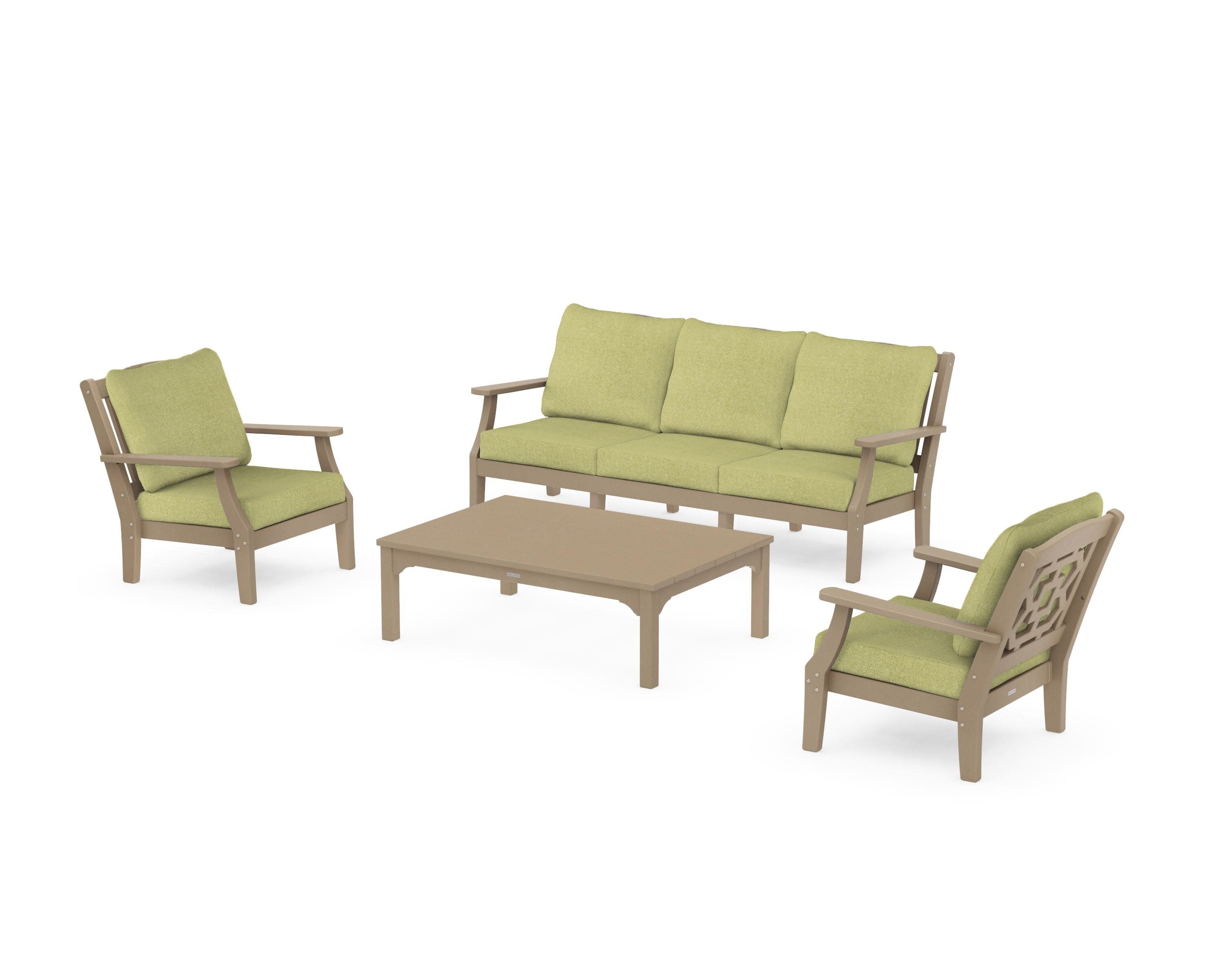 Chinoiserie 4-Piece Deep Seating Set with Sofa in Vintage Sahara / Chartreuse Boucle