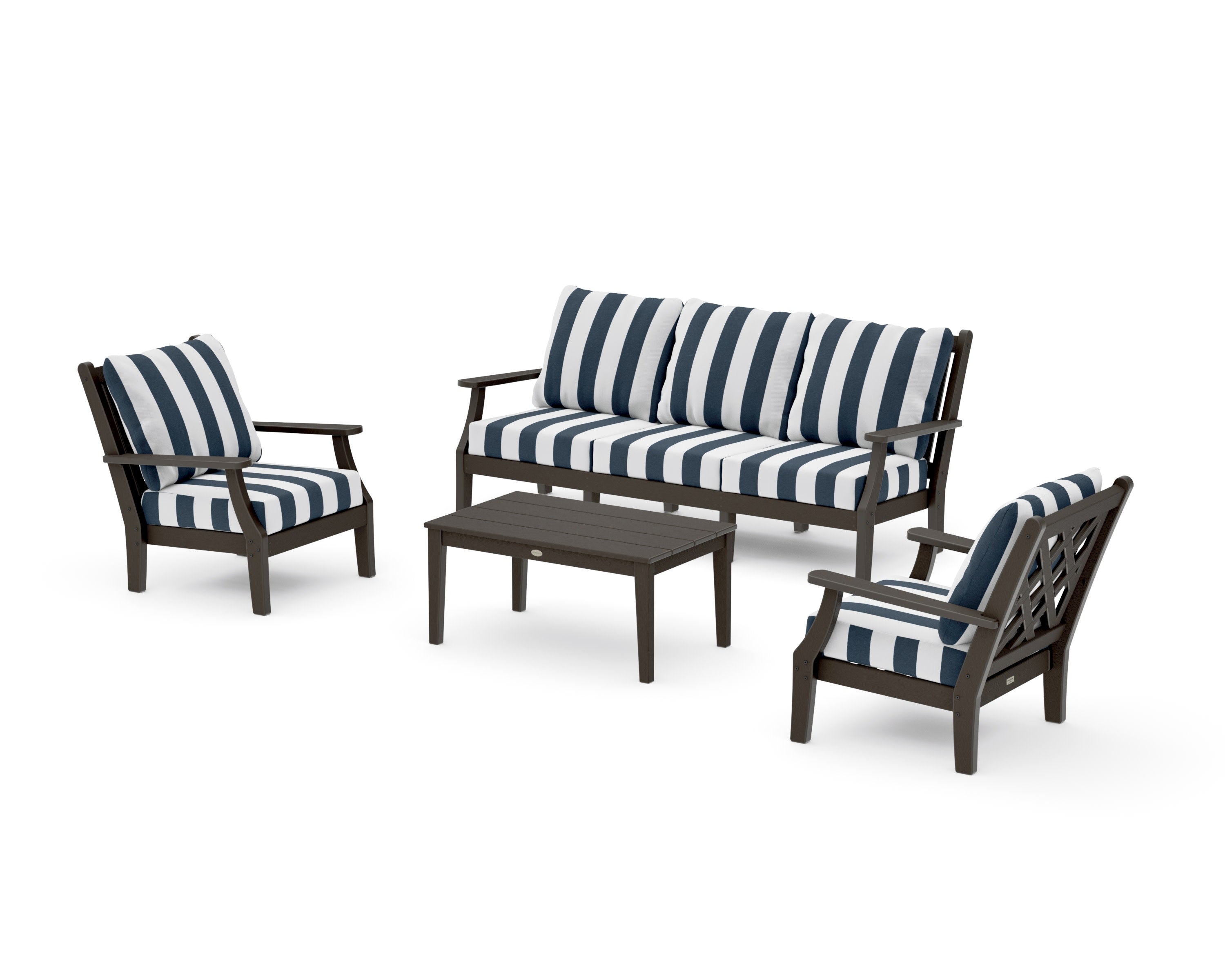 Wovendale 4-Piece Deep Seating Set with Sofa in Vintage Coffee / Cabana Stripe Marine Indigo