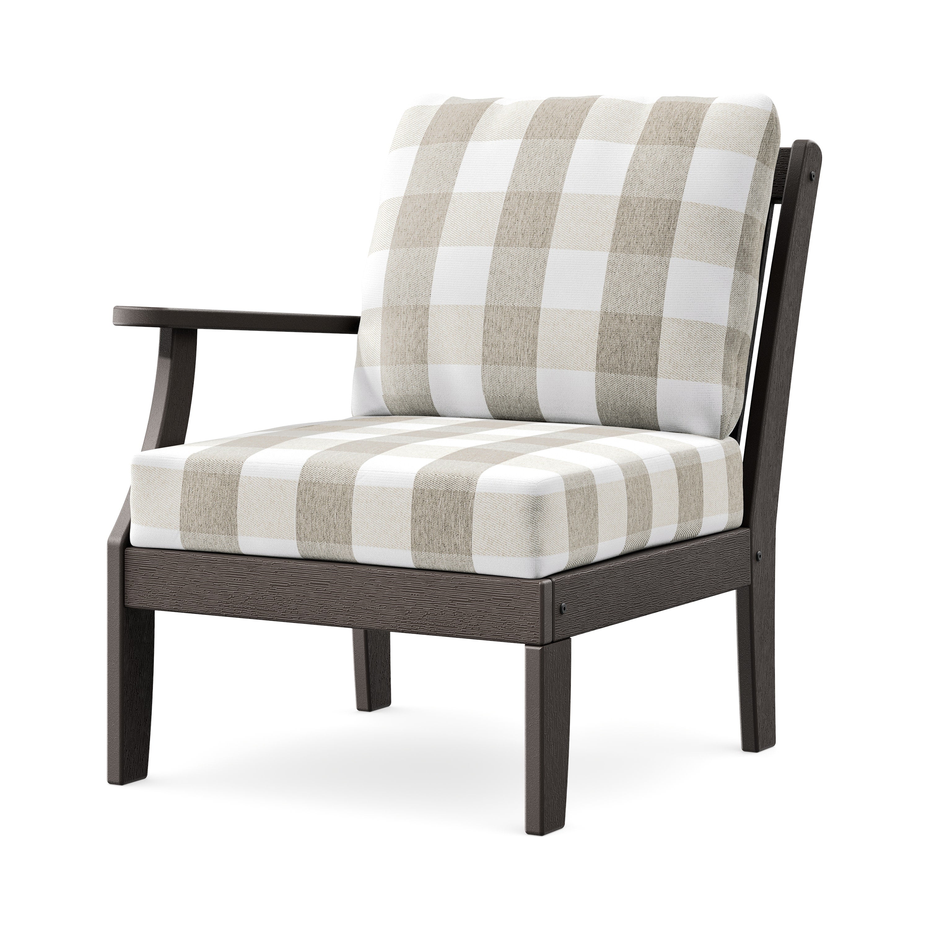 Braxton Modular Left Arm Chair in Vintage Coffee / Buffalo Plaid Dune Burlap
