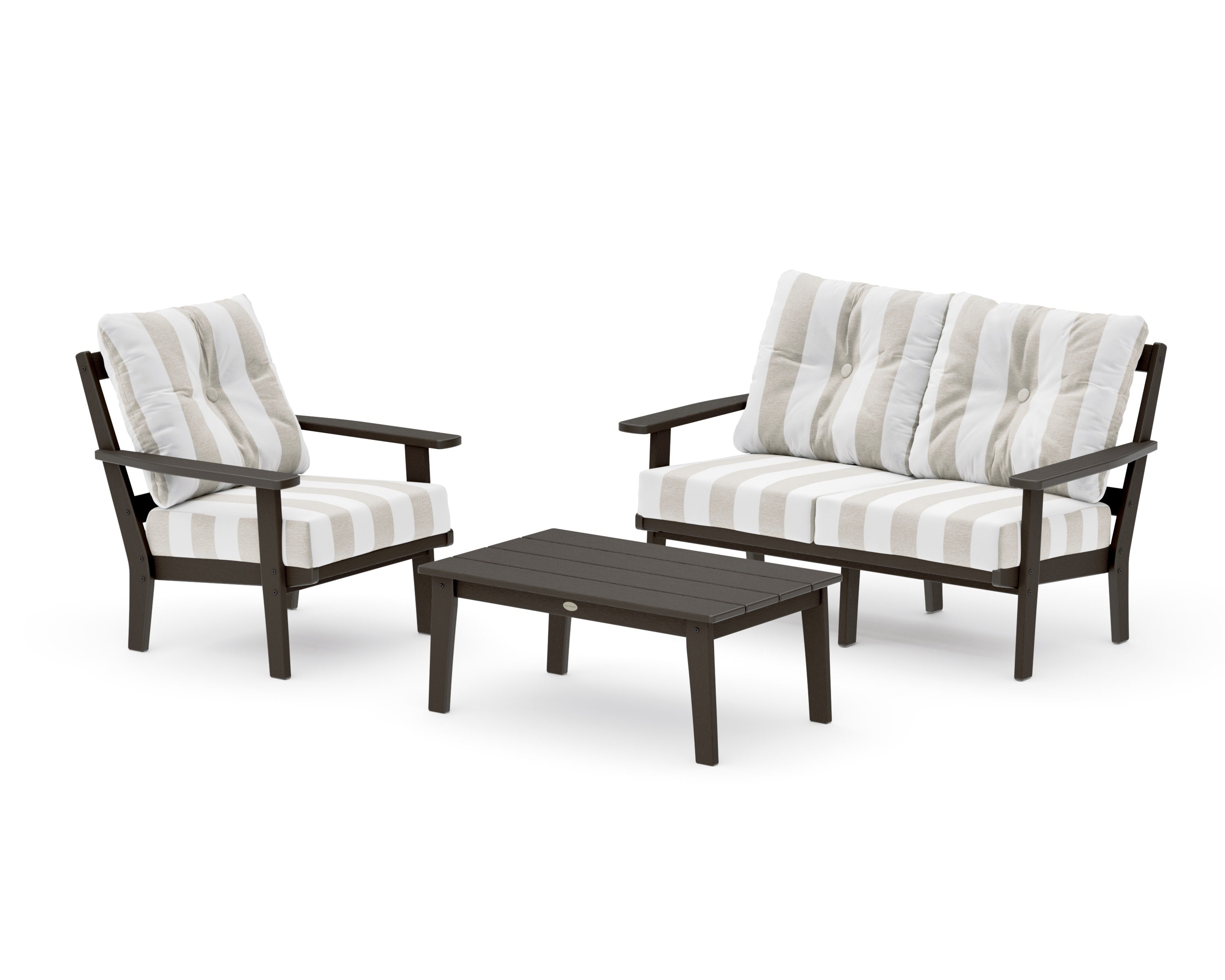 Oxford 3-Piece Deep Seating Set with Loveseat in Vintage Coffee / Cabana Stripe Dune Burlap