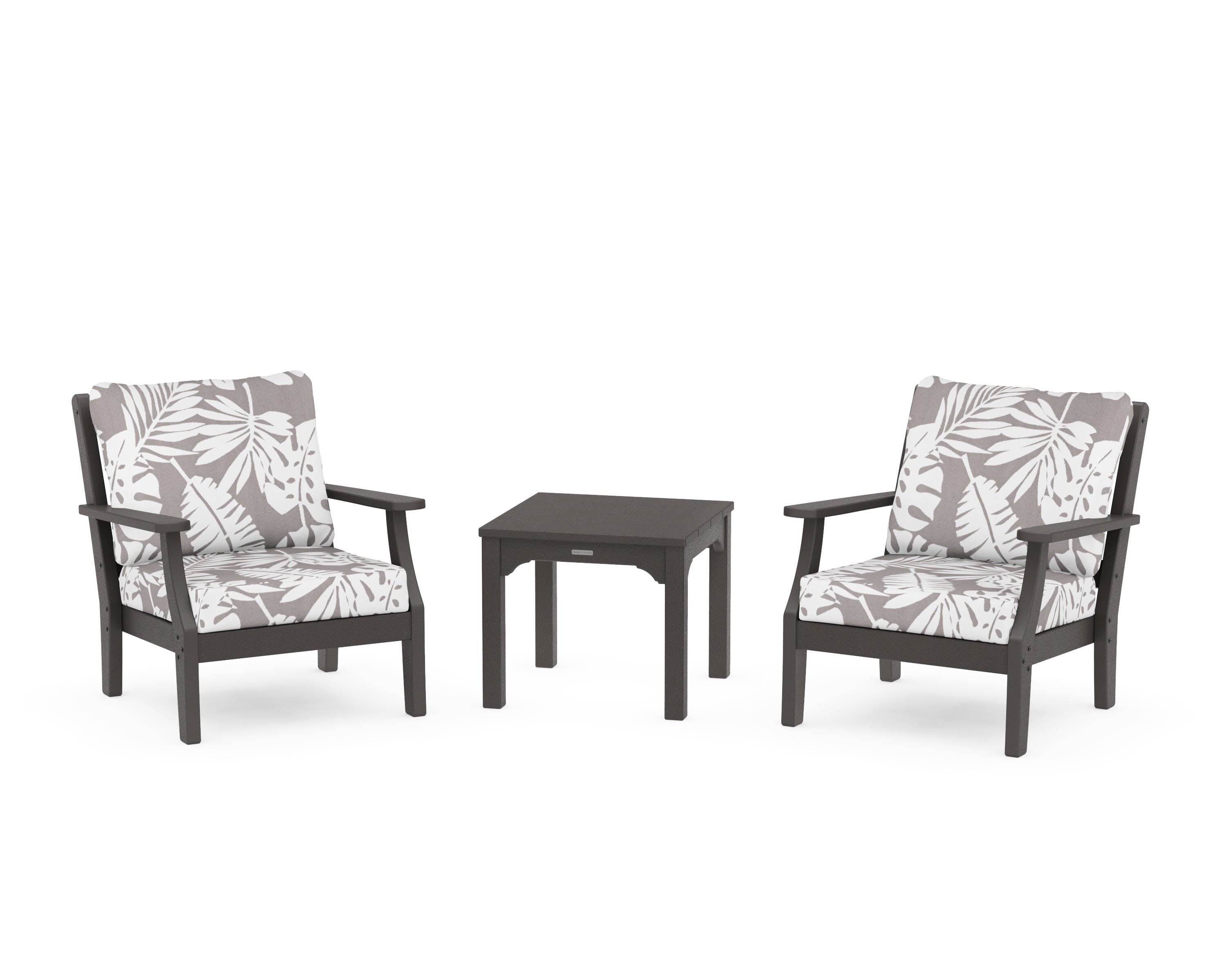 Chinoiserie 3-Piece Deep Seating Set in Vintage Coffee / Leaf Grey Mist