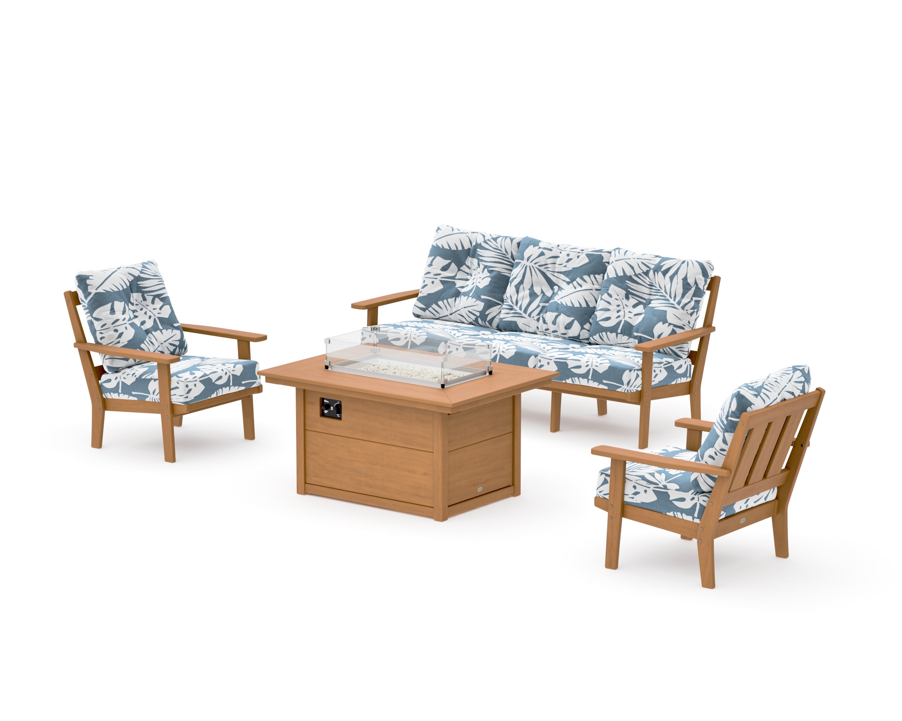 Oxford Deep Seating Fire Pit Table Set in Natural / Leaf Sky Blue