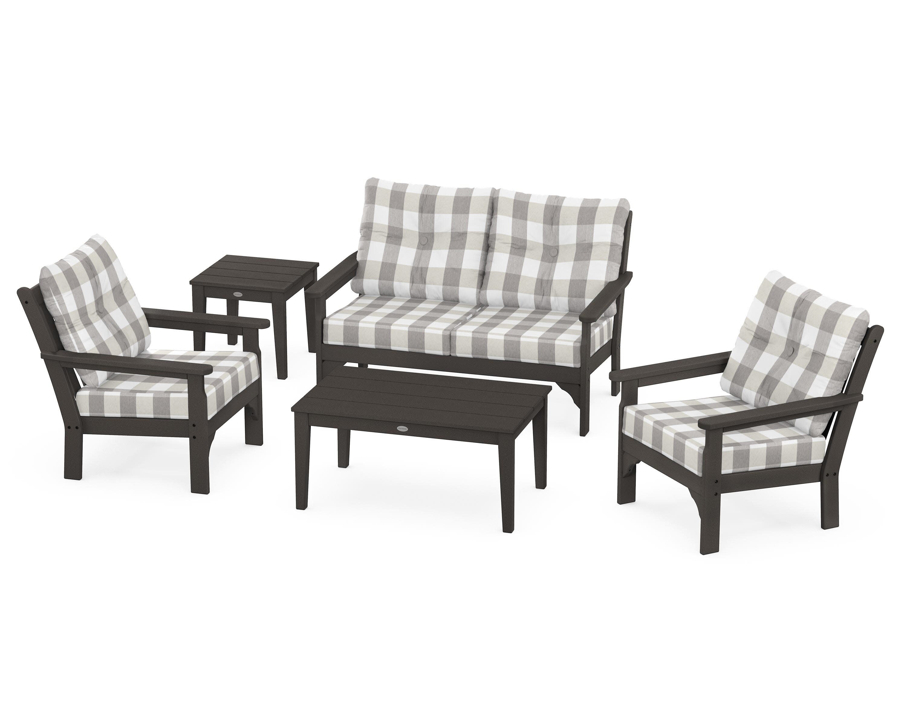 Vineyard 5-Piece Deep Seating Set in Vintage Coffee / Buffalo Plaid Grey Mist
