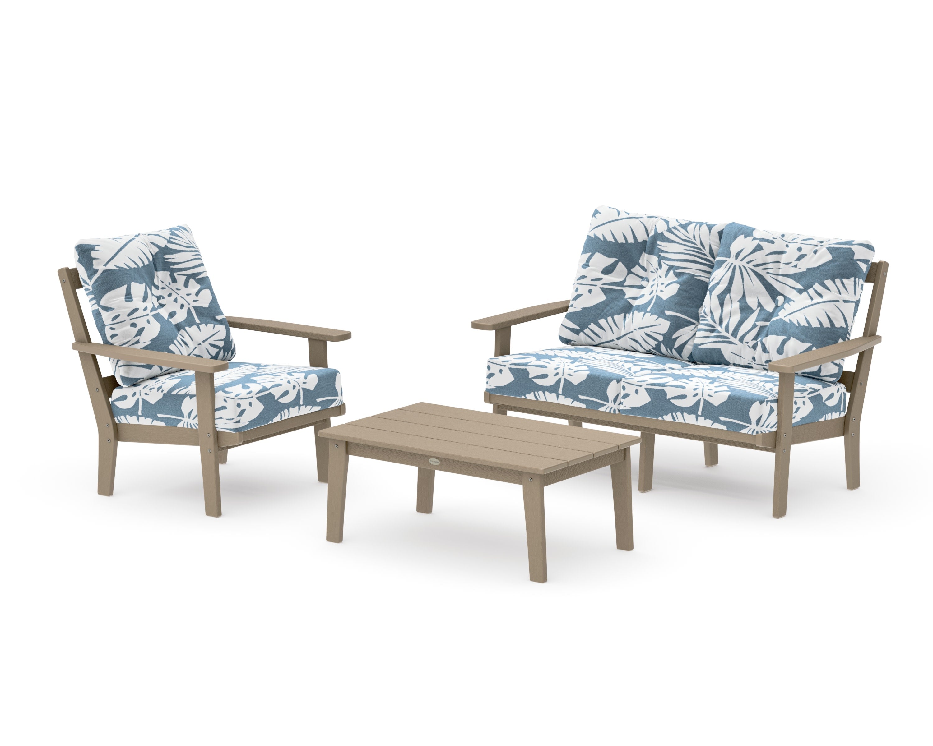 Oxford 3-Piece Deep Seating Set with Loveseat in Vintage Sahara / Leaf Sky Blue