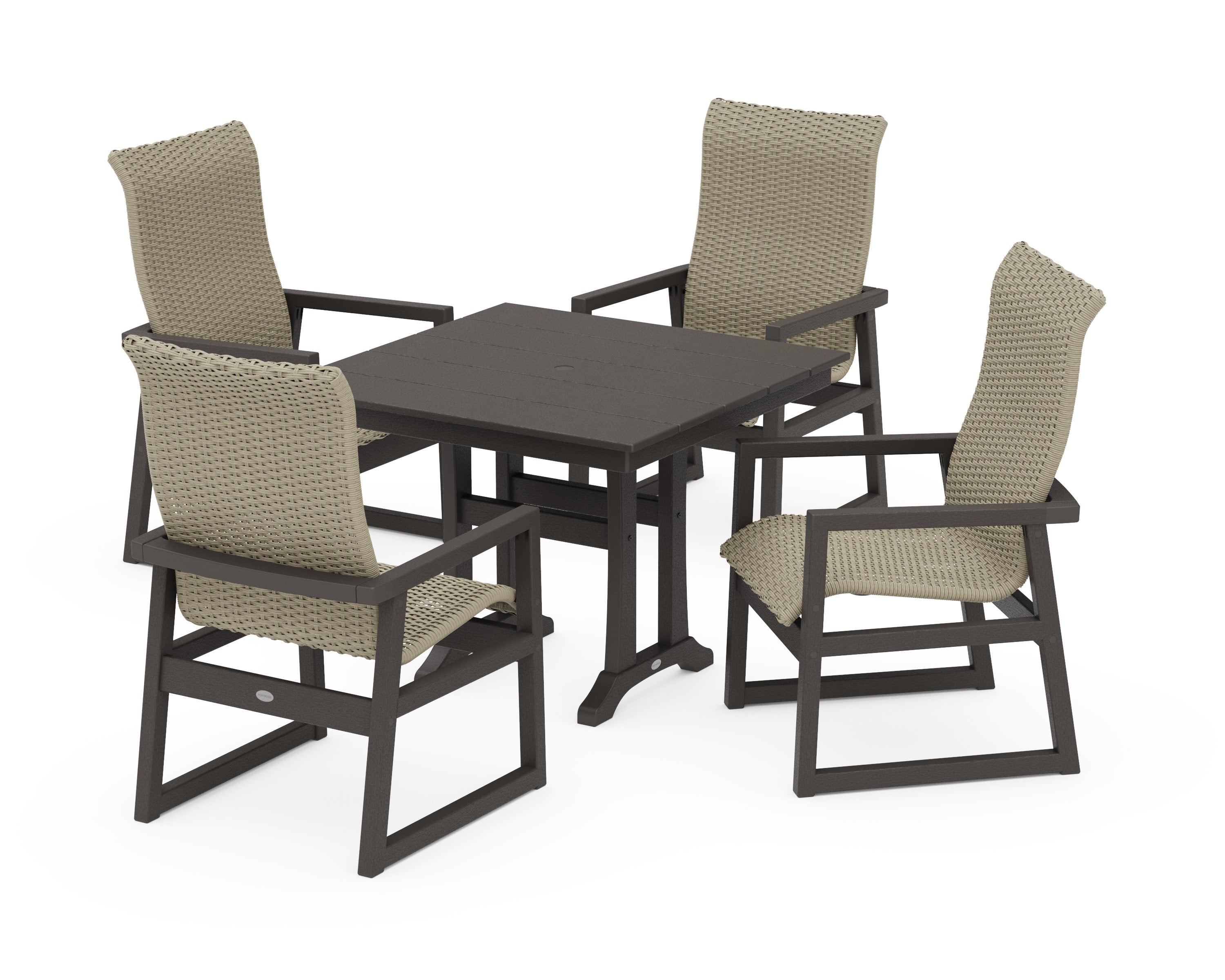 EDGE Woven Highback 5-Piece Farmhouse Dining Set with Trestle Legs in Vintage Coffee / Dune Grass