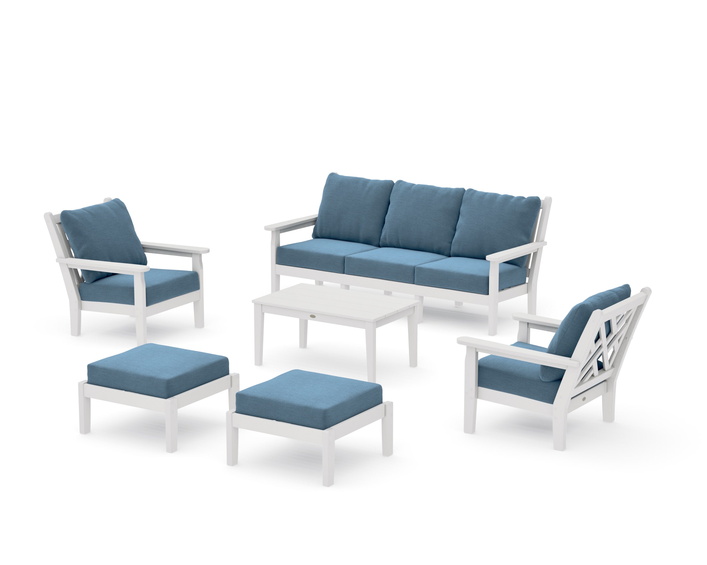 Chippendale 6-Piece Lounge Sofa Set in Vintage White / Sky Blue