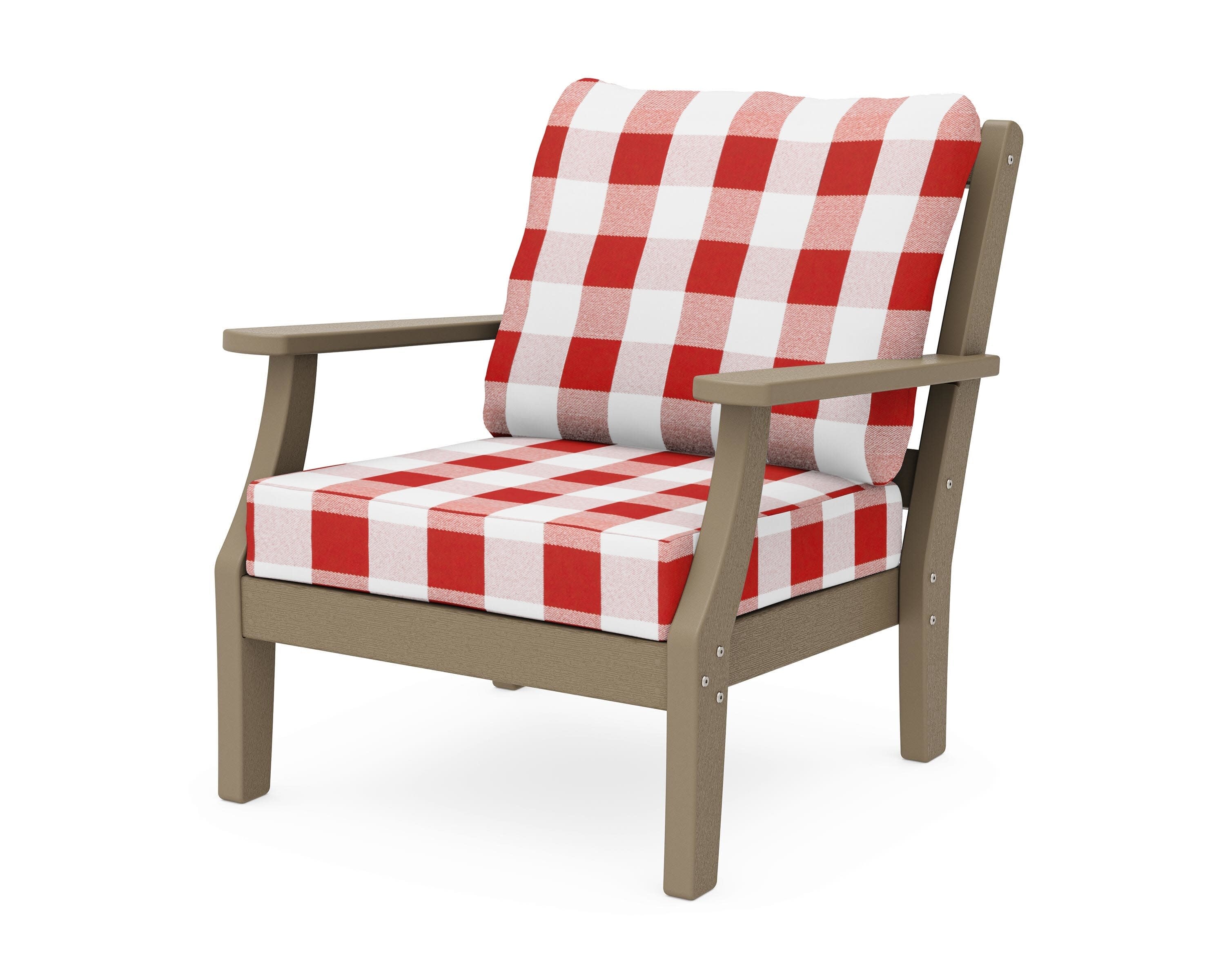 Chinoiserie Deep Seating Chair in Vintage Sahara / Buffalo Plaid Crimson