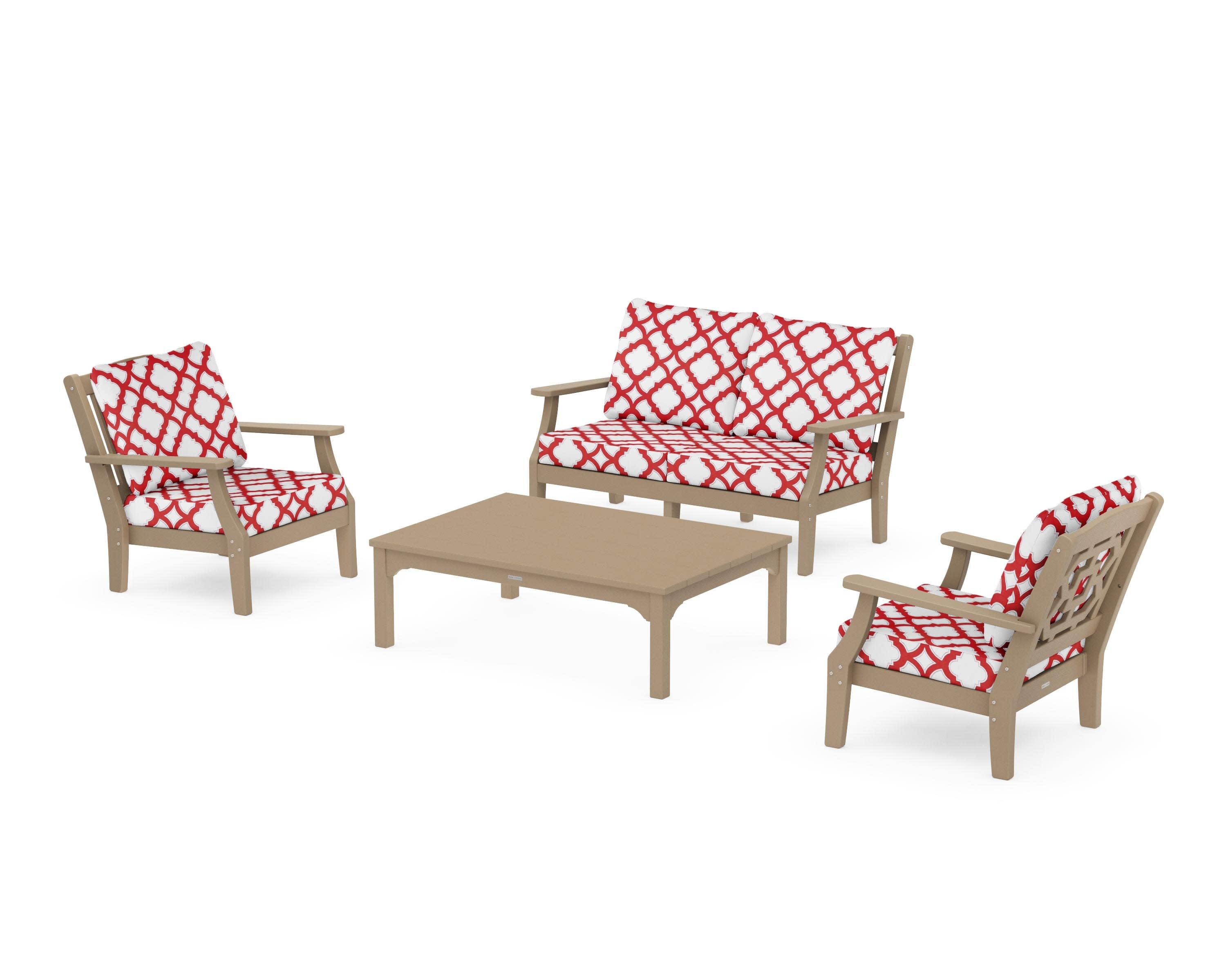 Chinoiserie 4-Piece Deep Seating Set with Loveseat in Vintage Sahara / Trellis Crimson