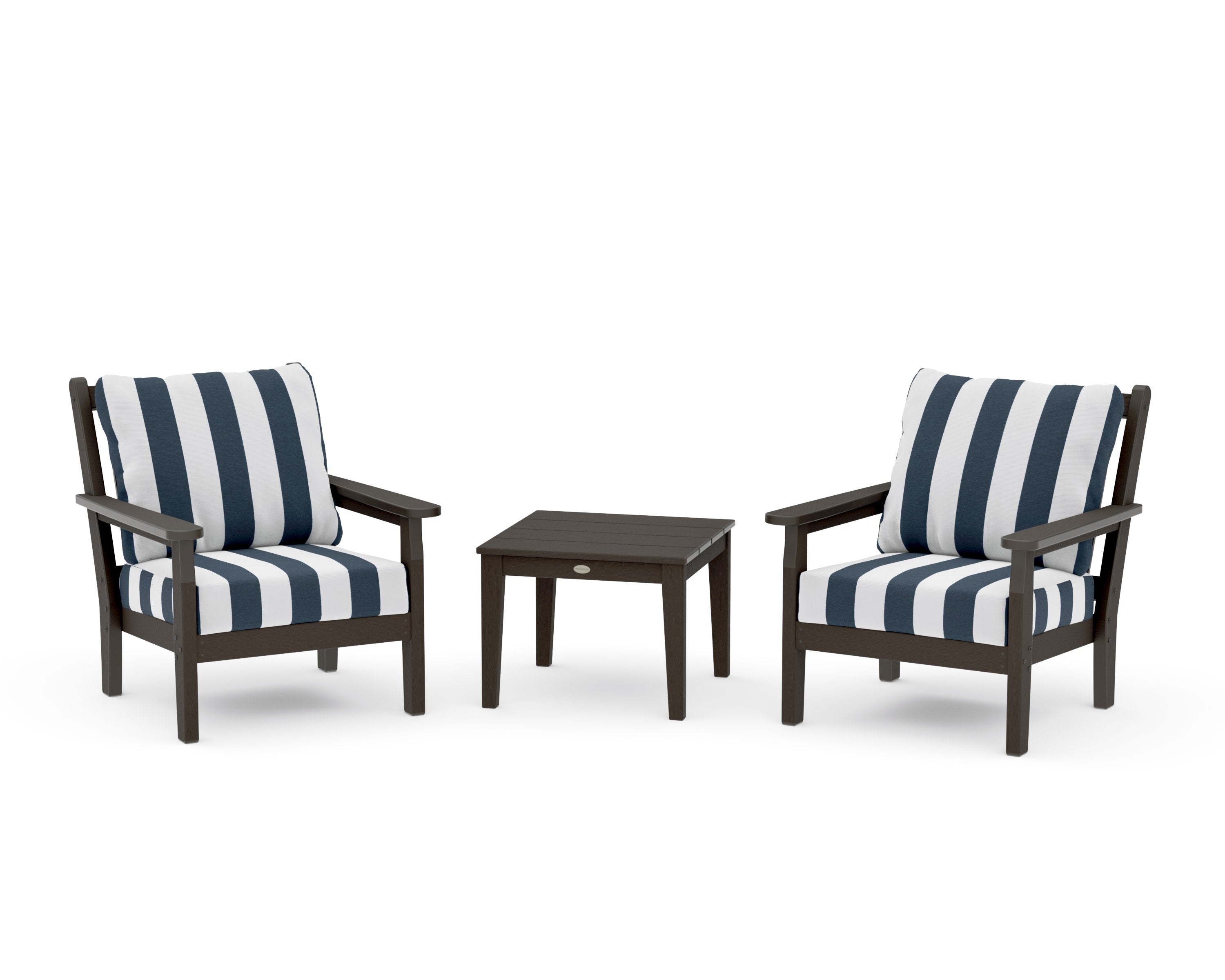 Chippendale 3-Piece Deep Seating Set in Vintage Coffee / Cabana Stripe Marine Indigo