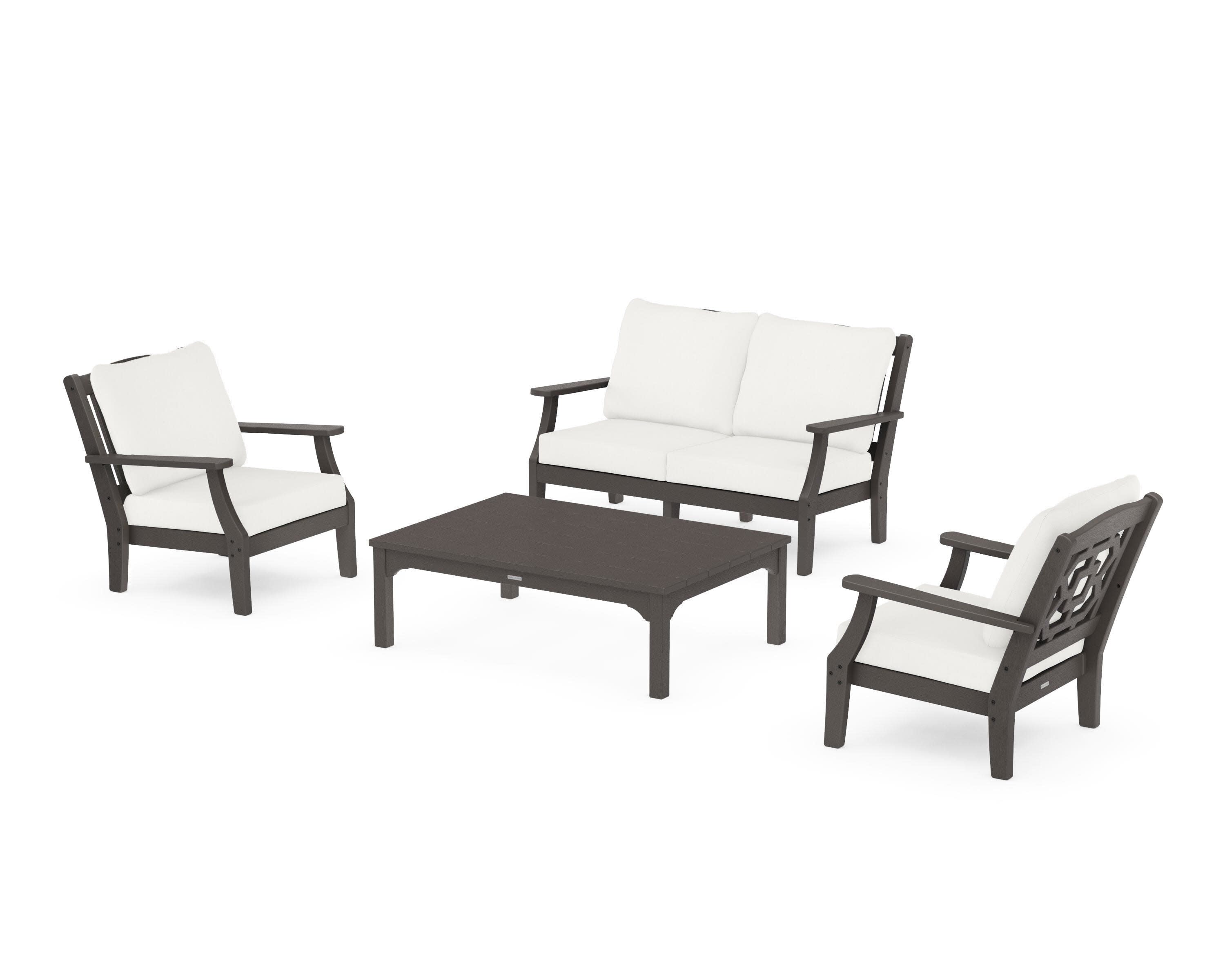 Chinoiserie 4-Piece Deep Seating Set with Loveseat in Vintage Coffee / Natural Linen