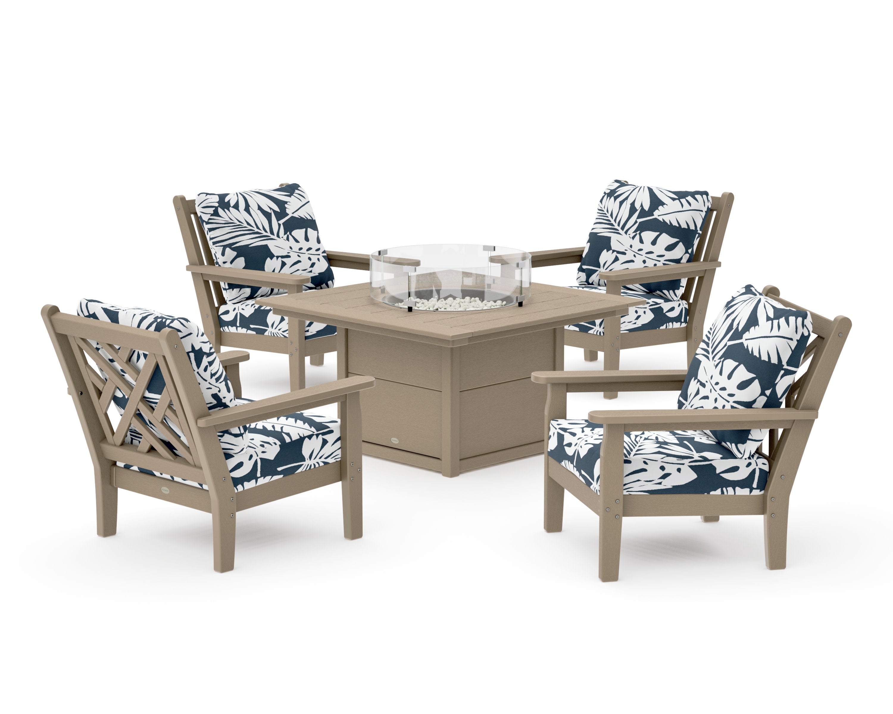 Chippendale 5-Piece Deep Seating Set with Fire Pit Table in Vintage Sahara / Leaf Marine Indigo