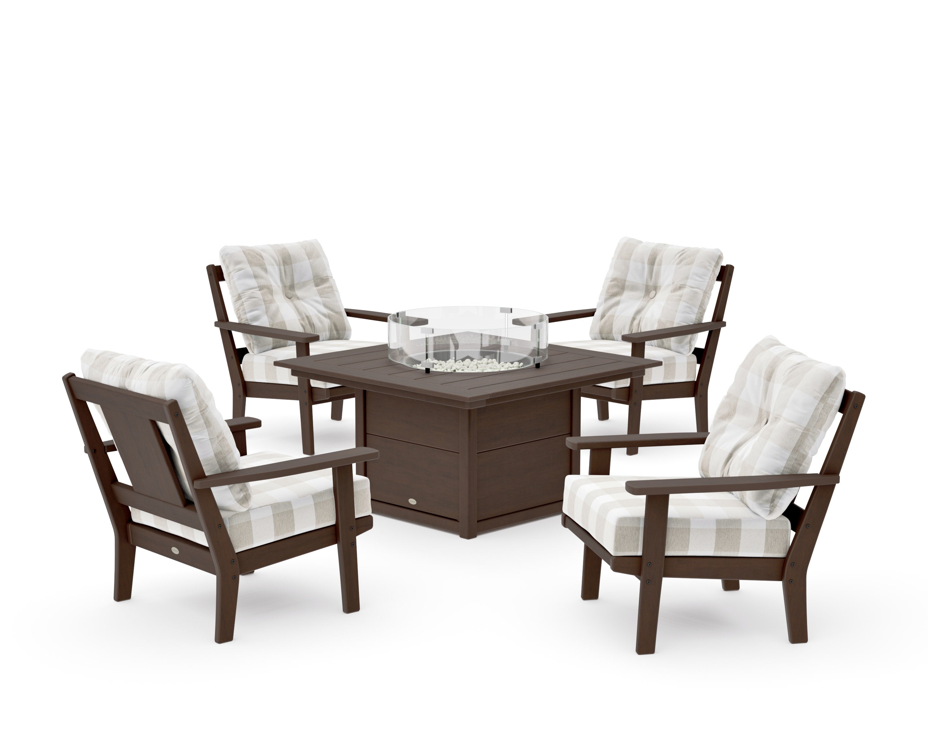 Prairie 5-Piece Deep Seating Set with Fire Pit Table in Kona / Buffalo Plaid Dune Burlap