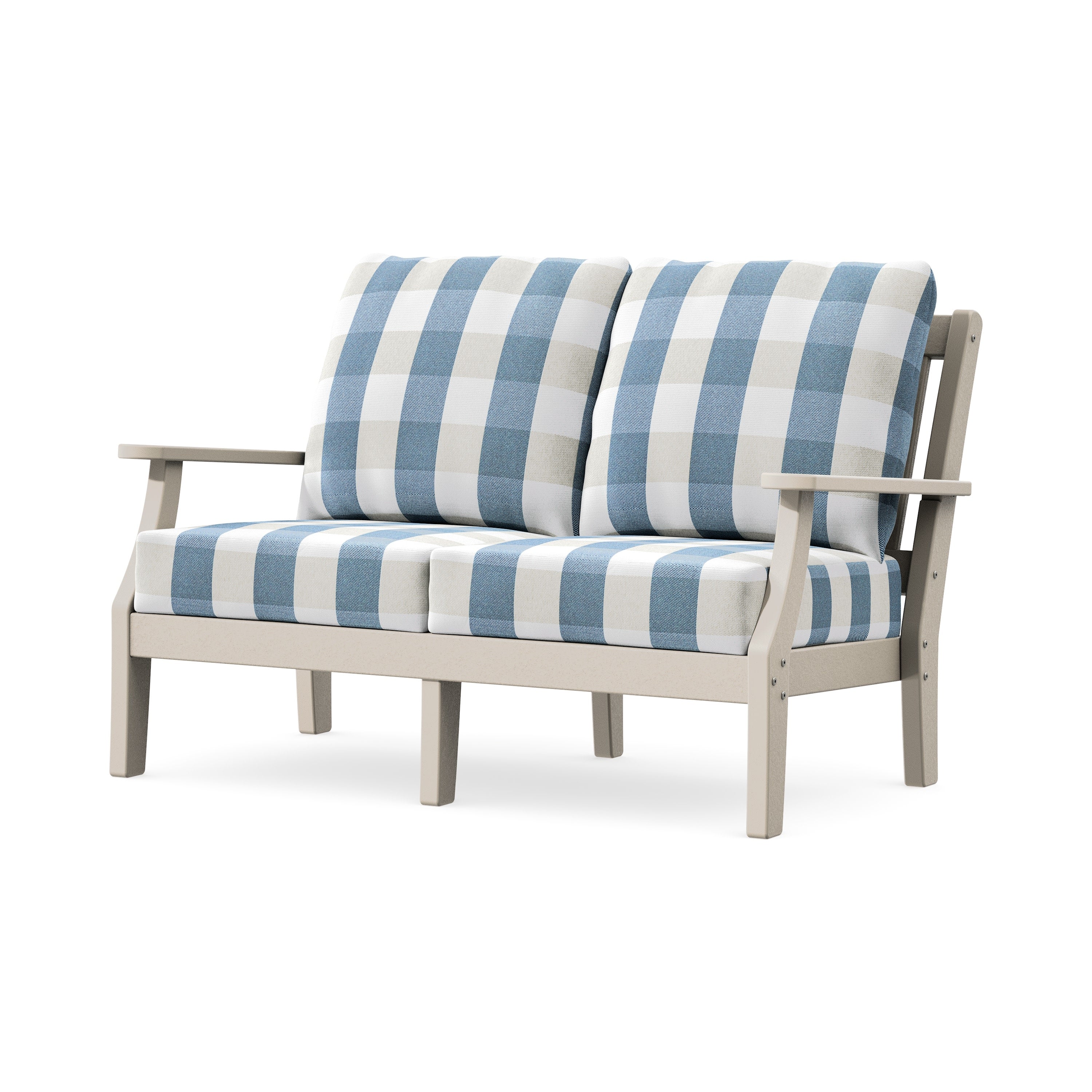 Chinoiserie Deep Seating Loveseat in Sand / Buffalo Plaid Sky Blue