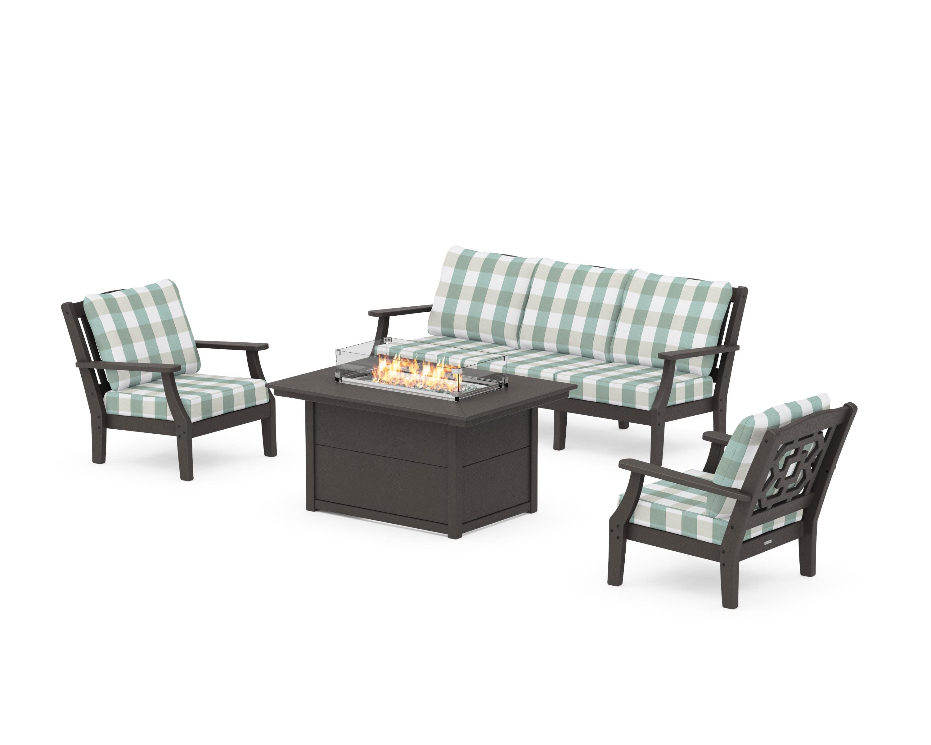 Chinoiserie Deep Seating Fire Pit Table Set in Vintage Coffee / Buffalo Plaid Glacier Spa