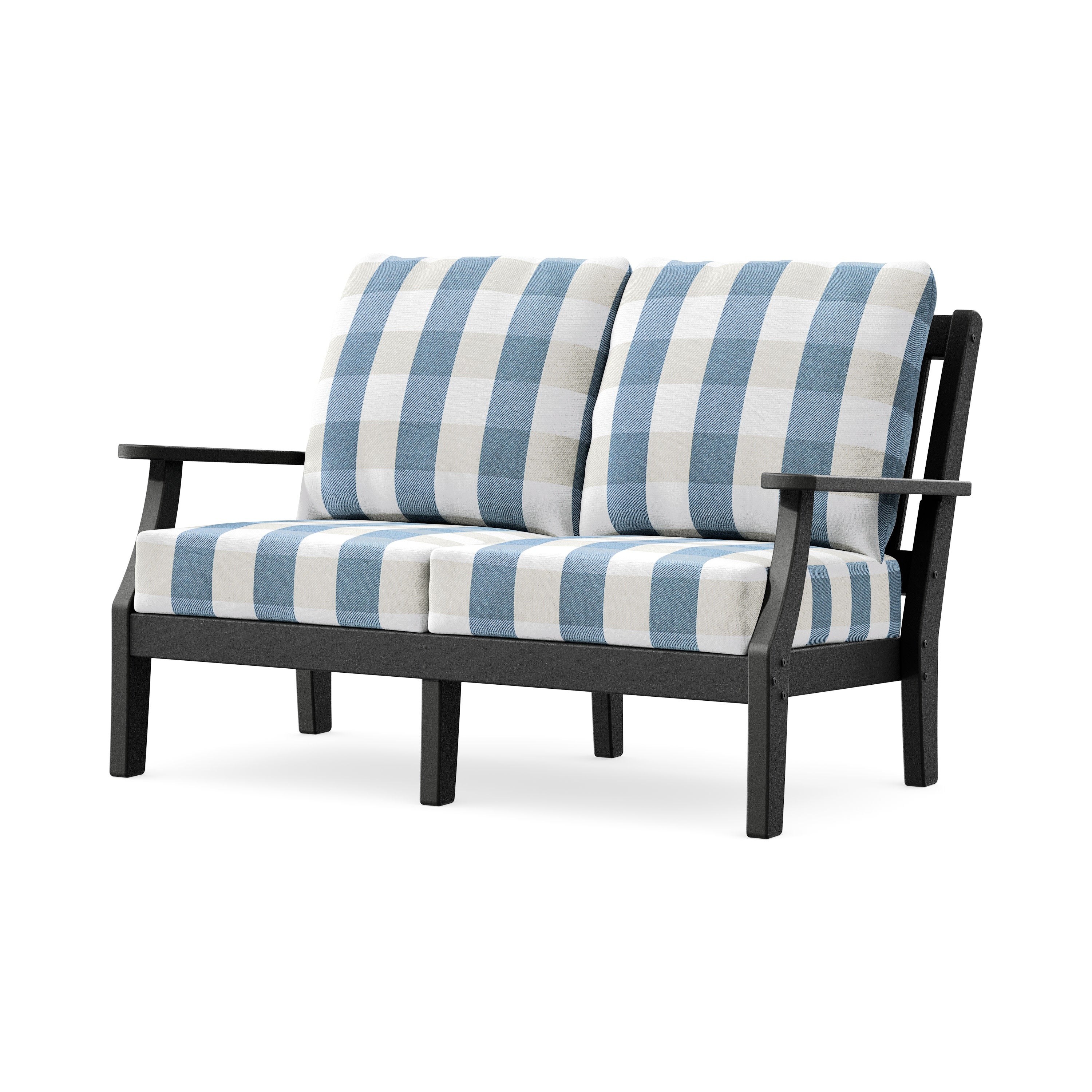 Chinoiserie Deep Seating Loveseat in Black / Buffalo Plaid Sky Blue