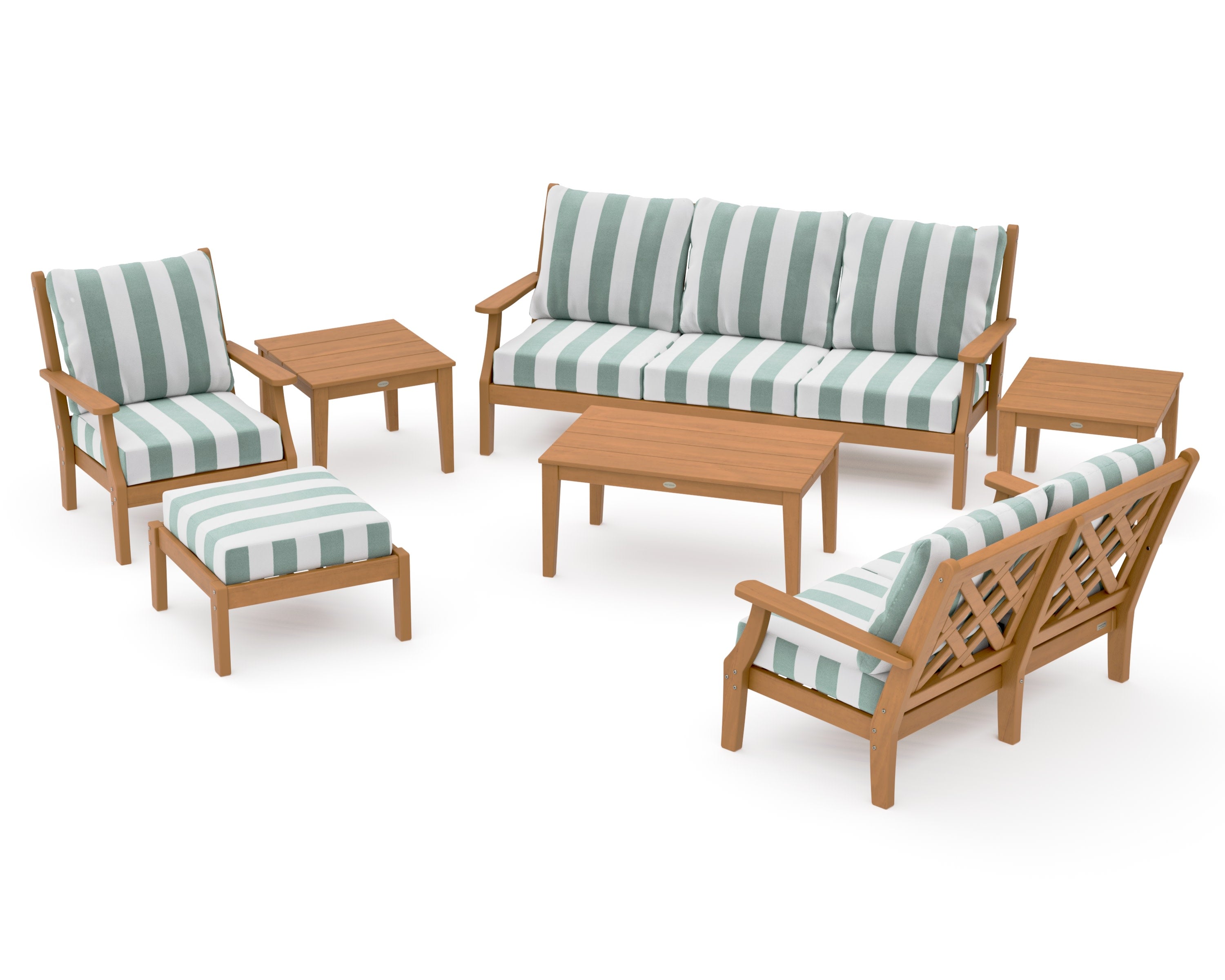 Wovendale 7-Piece Deep Seating Set in Natural / Cabana Stripe Glacier Spa
