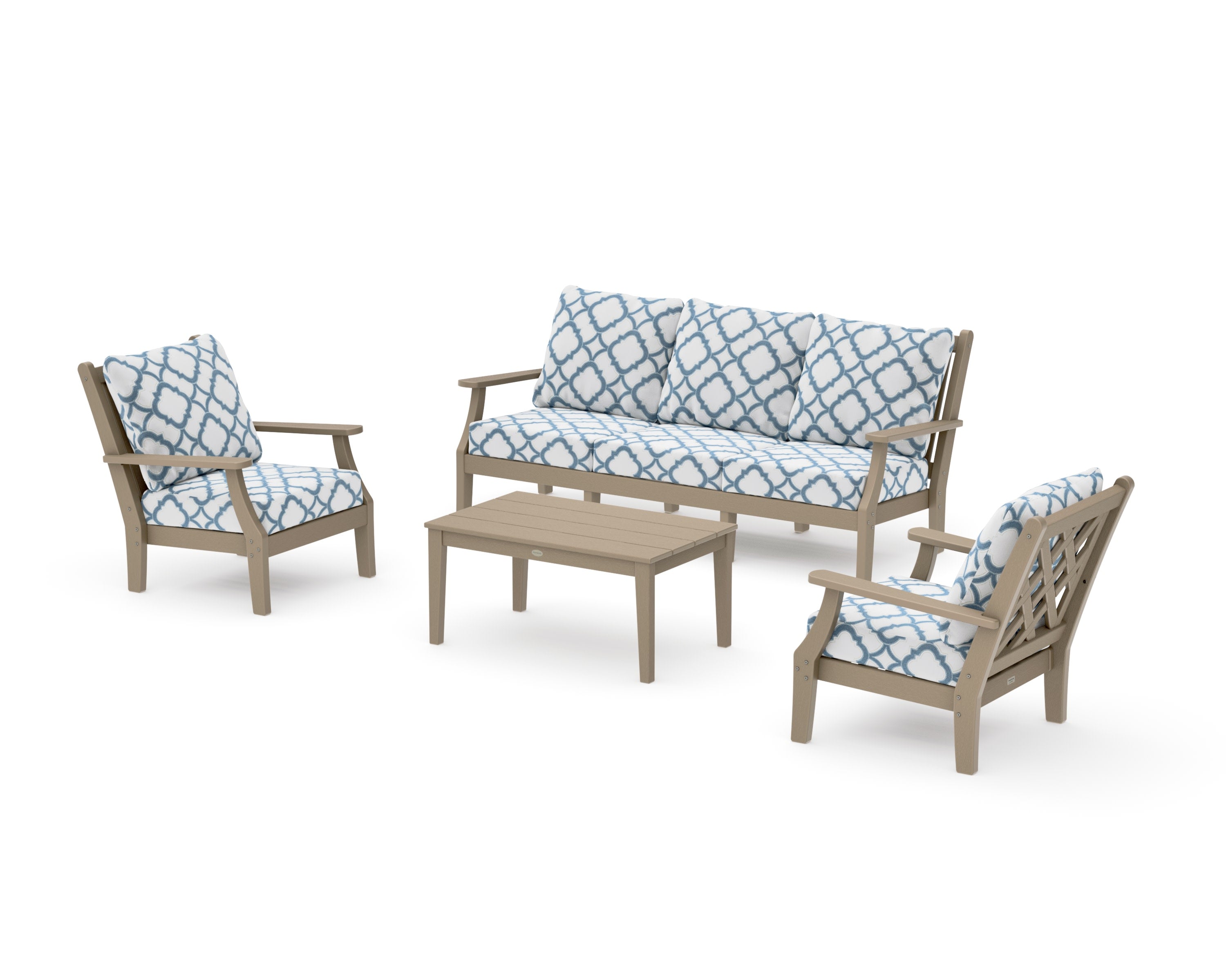Wovendale 4-Piece Deep Seating Set with Sofa in Vintage Sahara / Trellis Sky Blue