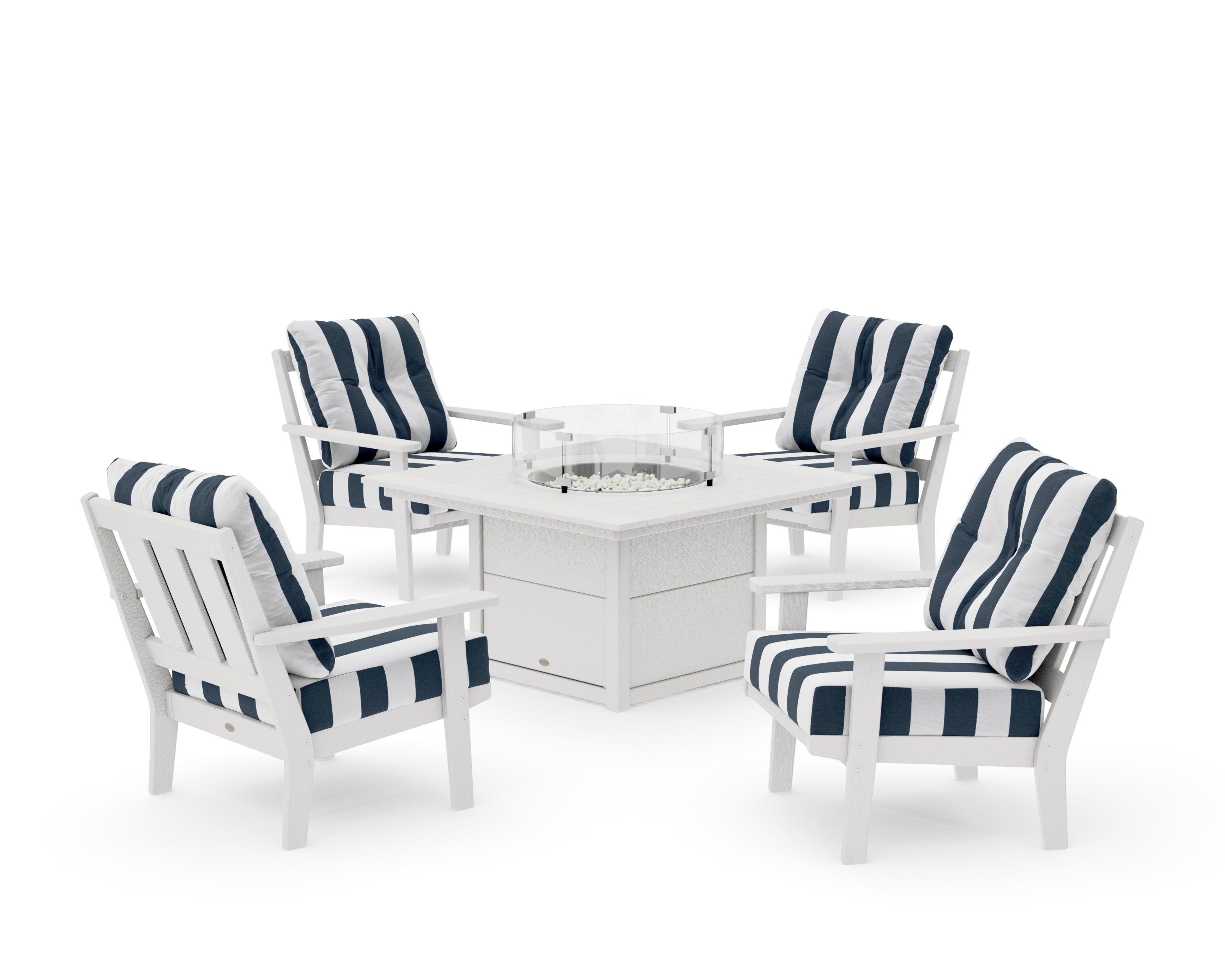 Oxford 5-Piece Deep Seating Set with Fire Pit Table in Vintage White / Cabana Stripe Marine Indigo