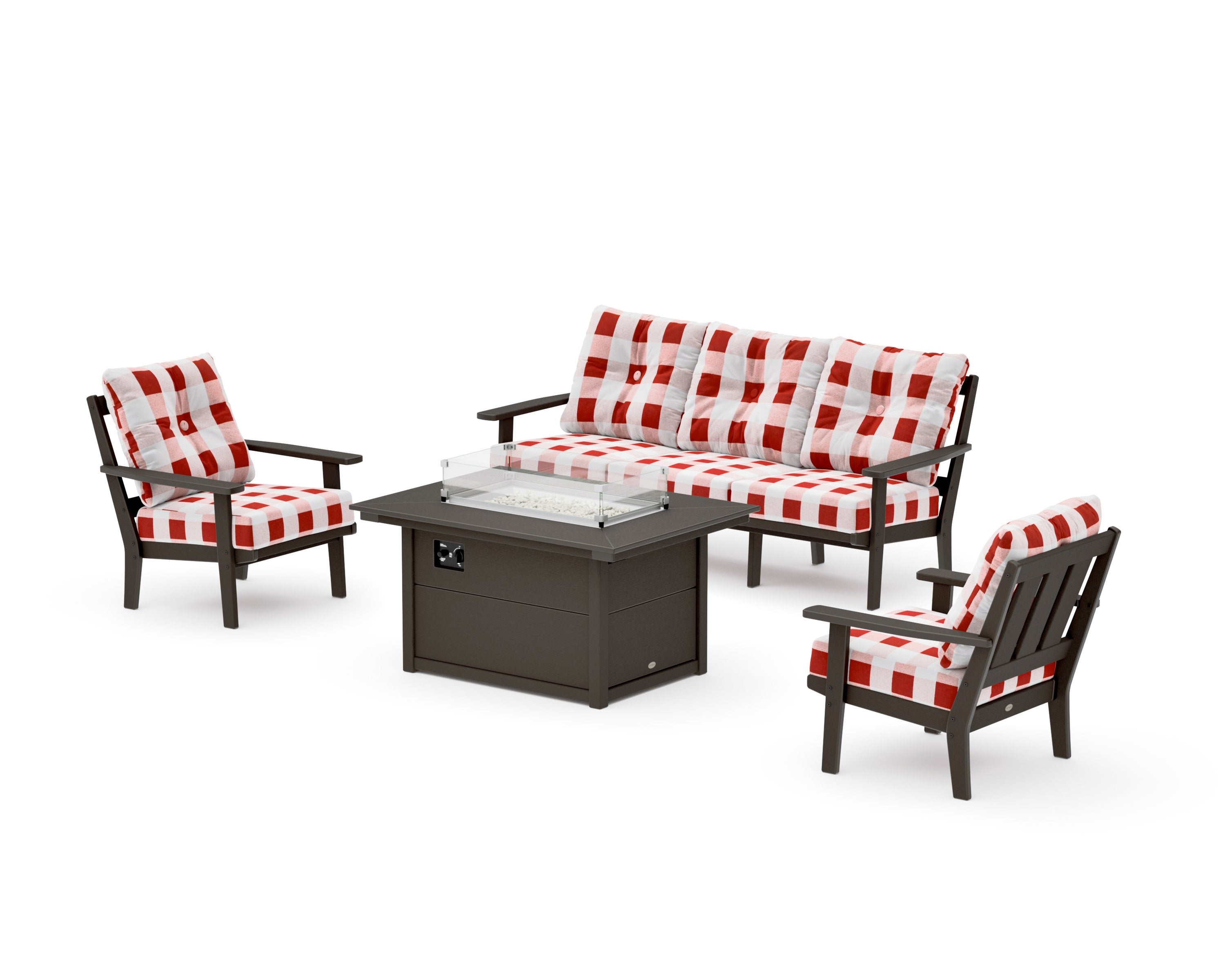 Oxford Deep Seating Fire Pit Table Set in Vintage Coffee / Buffalo Plaid Crimson