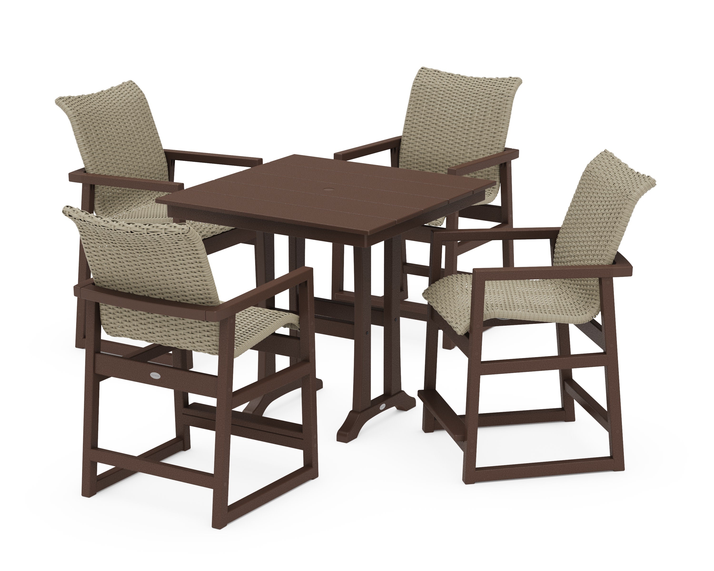 EDGE Woven 5-Piece Farmhouse Counter Set with Trestle Legs in Mahogany / Dune Grass