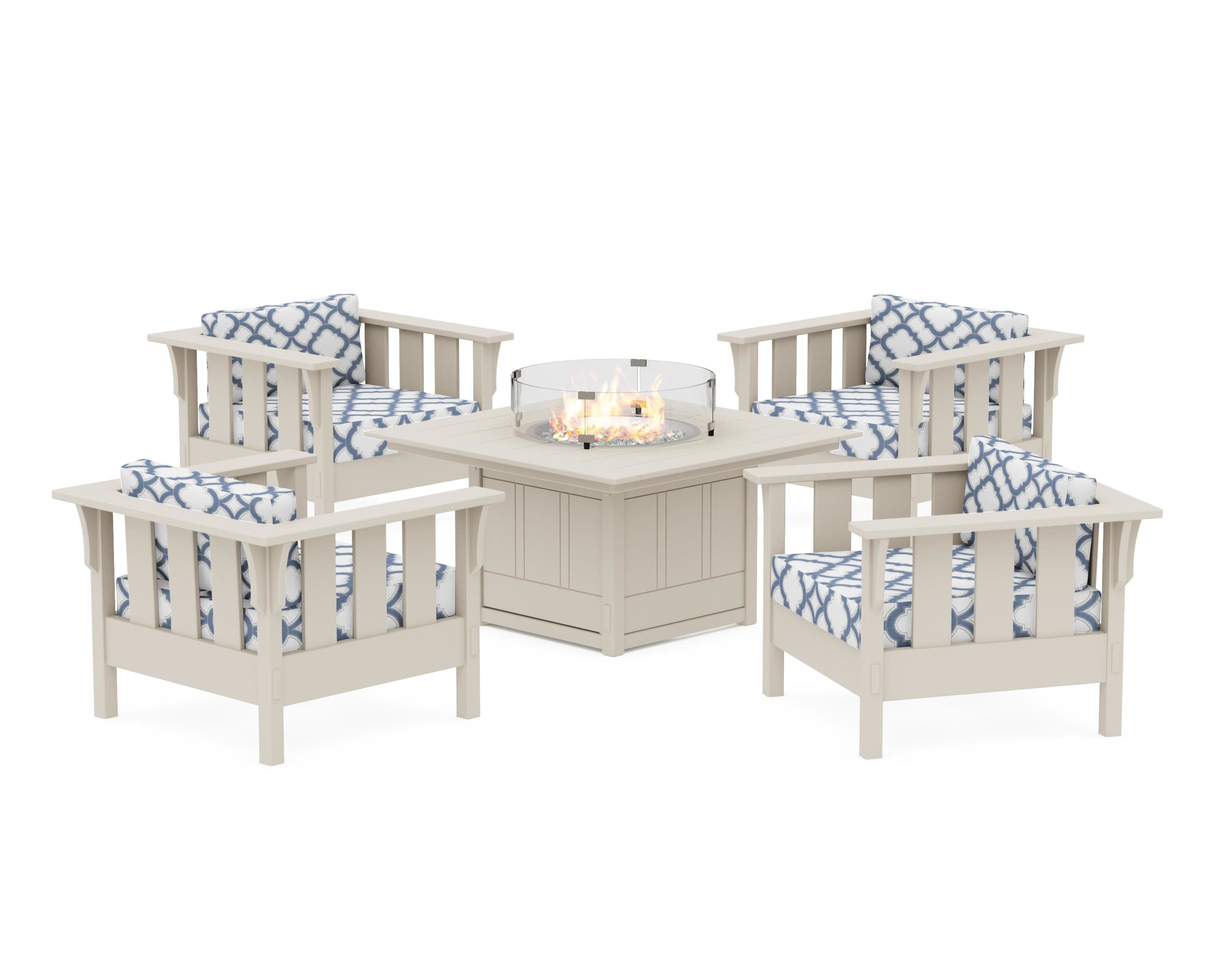 Acadia 5-Piece Deep Seating Set with Fire Pit Table in Sand / Trellis Sky Blue