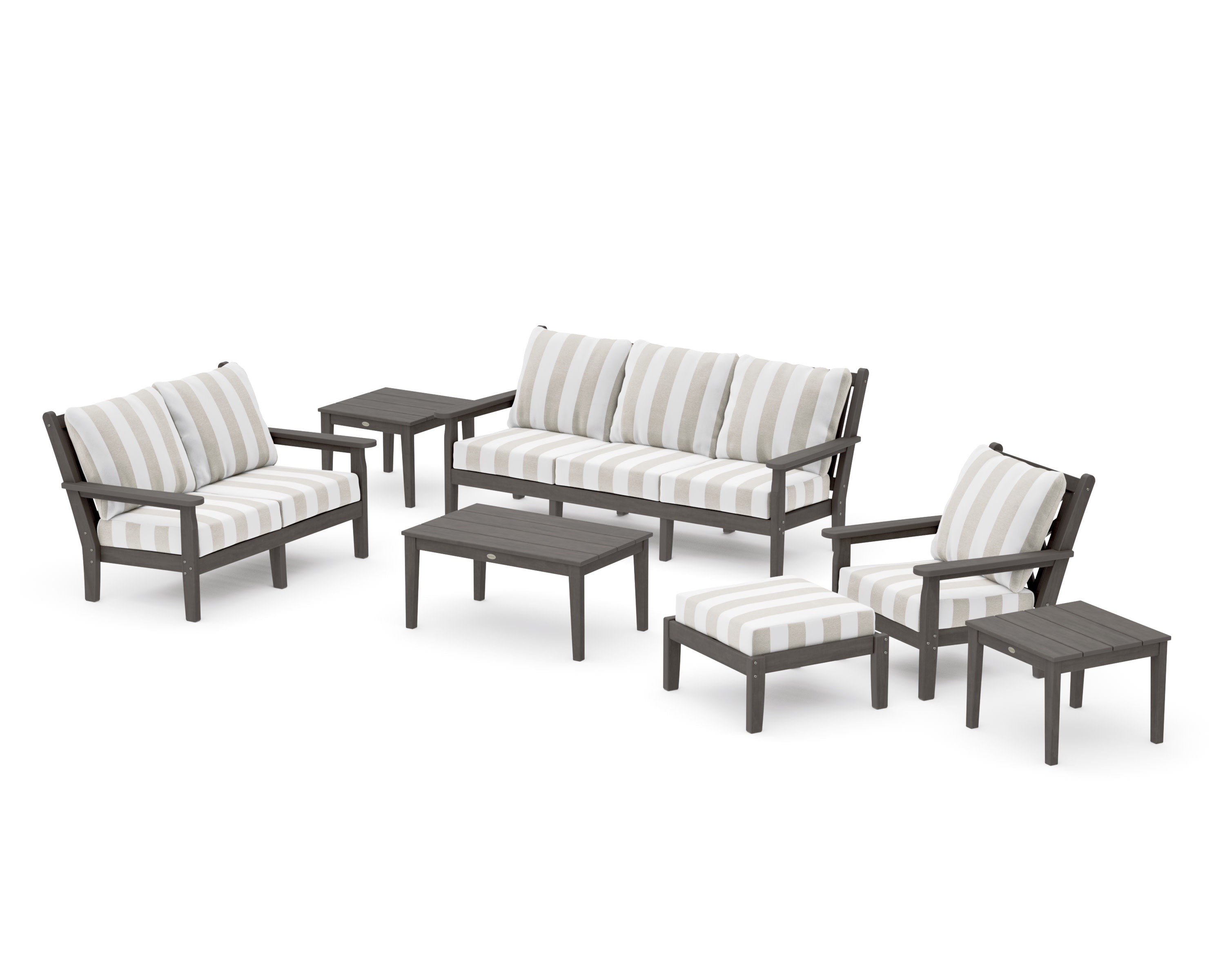 Chippendale 7-Piece Deep Seating Set in Driftwood / Cabana Stripe Dune Burlap
