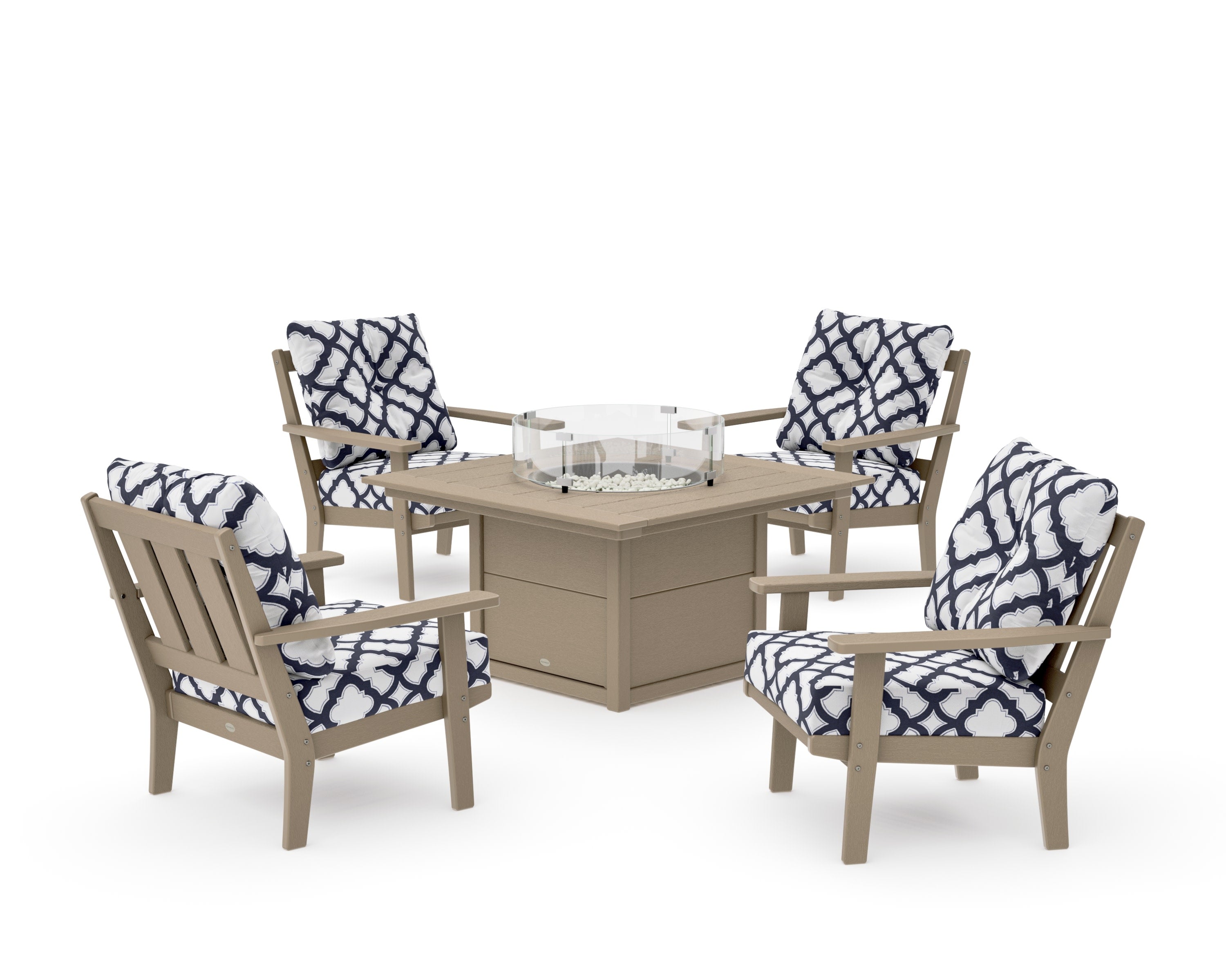 Oxford 5-Piece Deep Seating Set with Fire Pit Table in Vintage Sahara / Trellis Navy