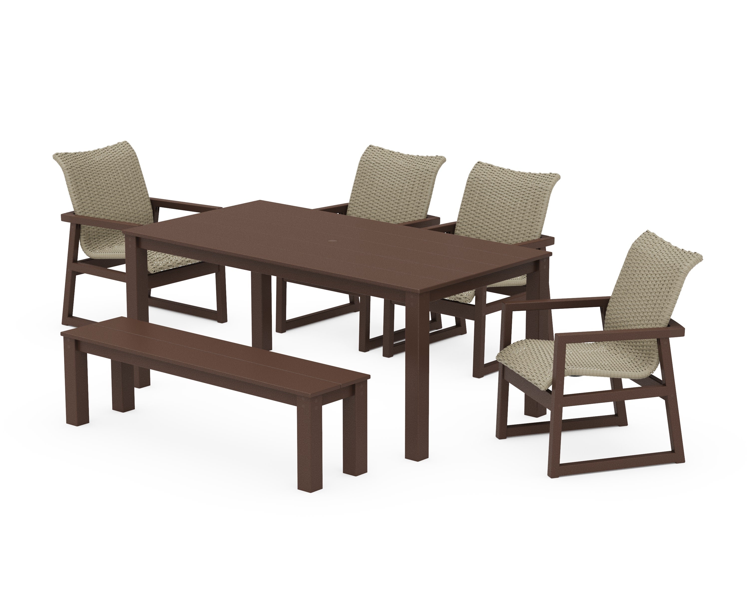 EDGE Woven 6-Piece Parsons Dining Set with Bench in Mahogany / Dune Grass