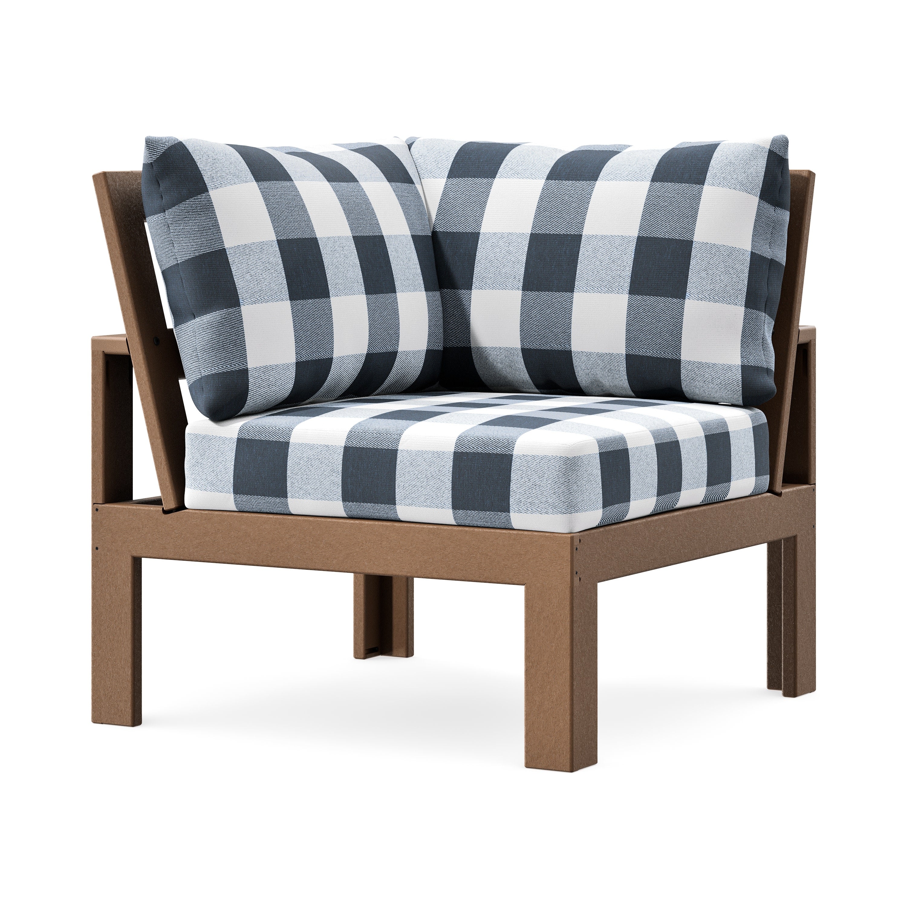 Modular Corner Chair in Teak / Buffalo Plaid Marine Indigo