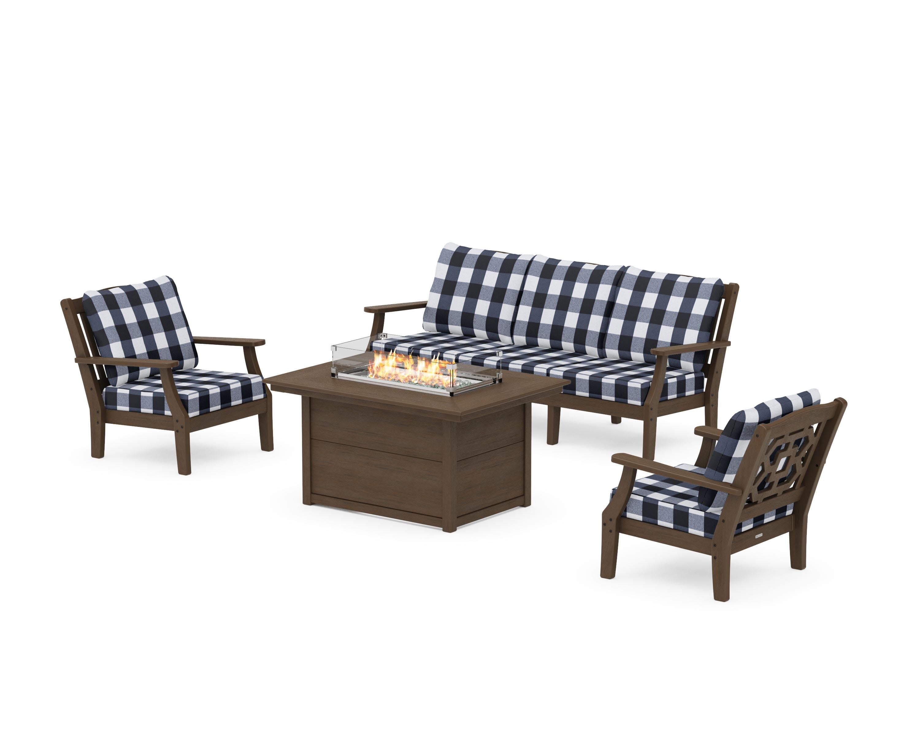 Chinoiserie Deep Seating Fire Pit Table Set in Kona / Buffalo Plaid Marine Indigo