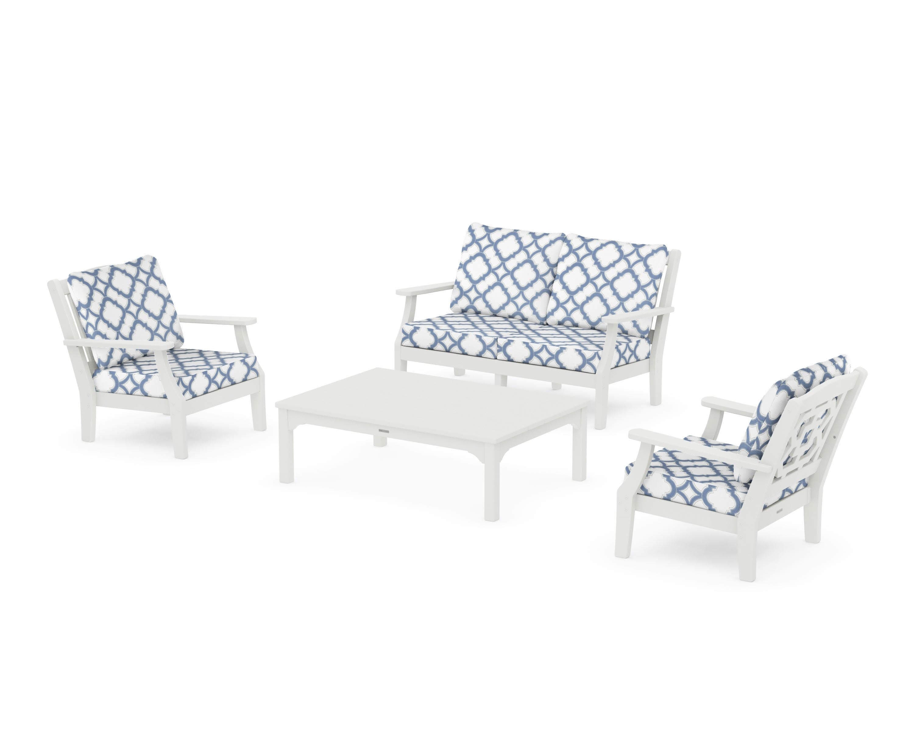 Chinoiserie 4-Piece Deep Seating Set with Loveseat in Vintage White / Trellis Sky Blue