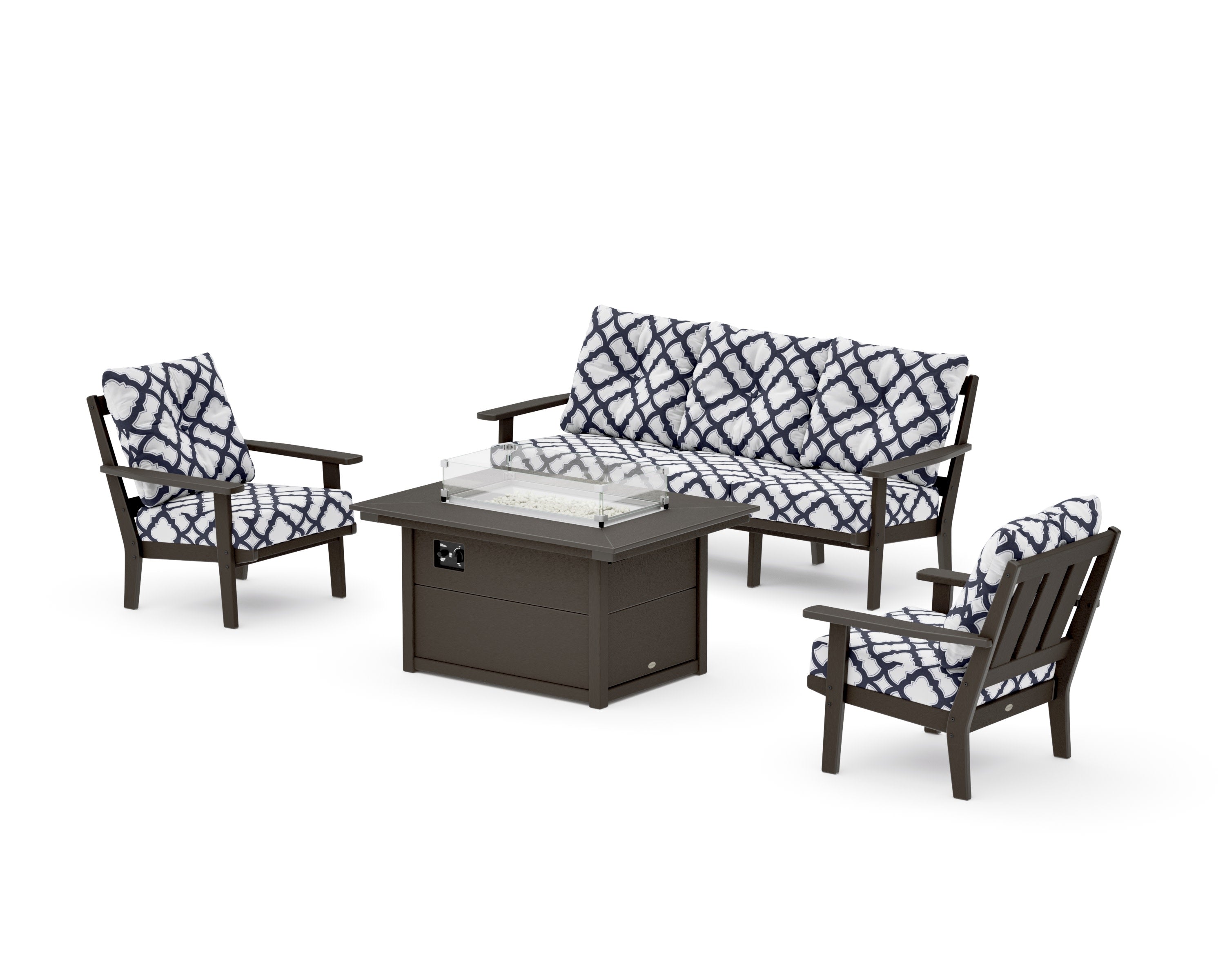 Oxford Deep Seating Fire Pit Table Set in Vintage Coffee / Trellis Navy